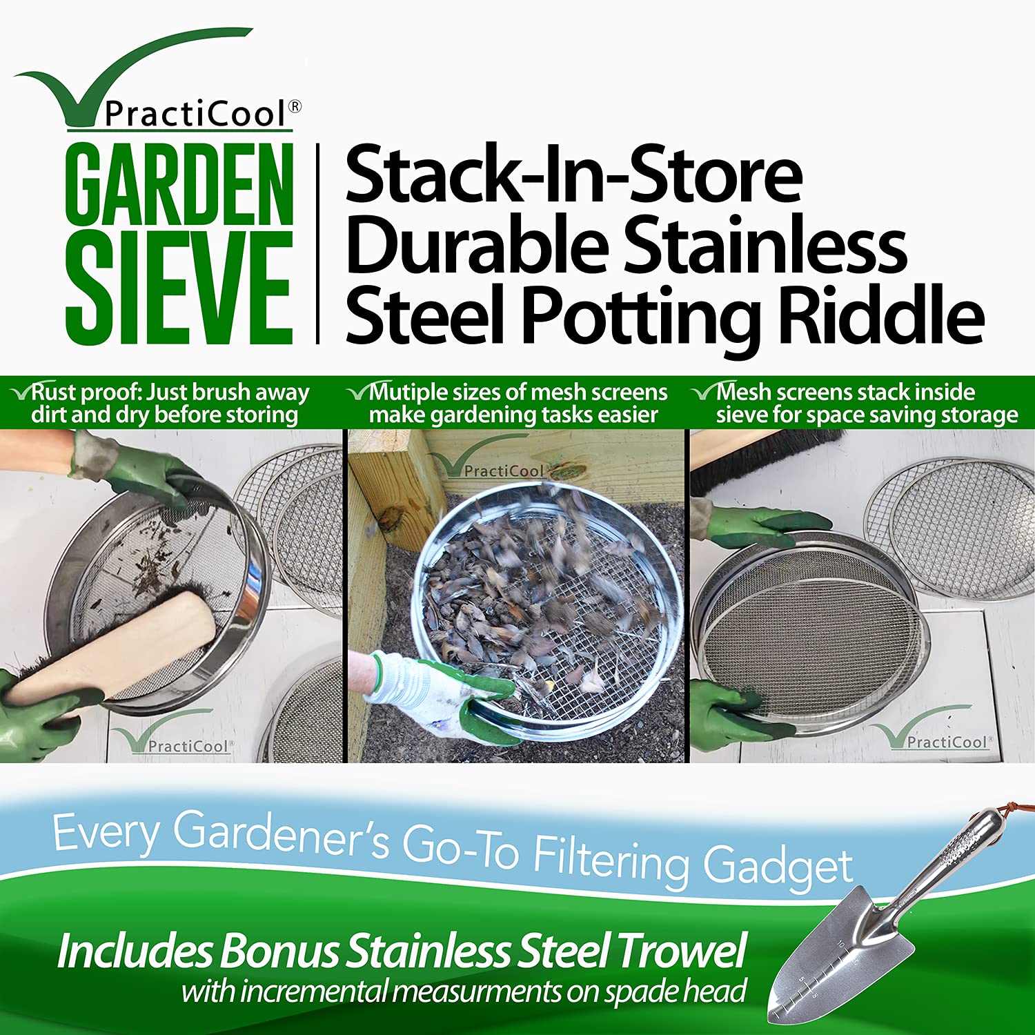 Practicool garden potting mix sieve - stainless steel riddle - soil sifting pan - with 8 interchangeable filter mesh sizes - 2,3,4,6,7,9,11,12 mm and