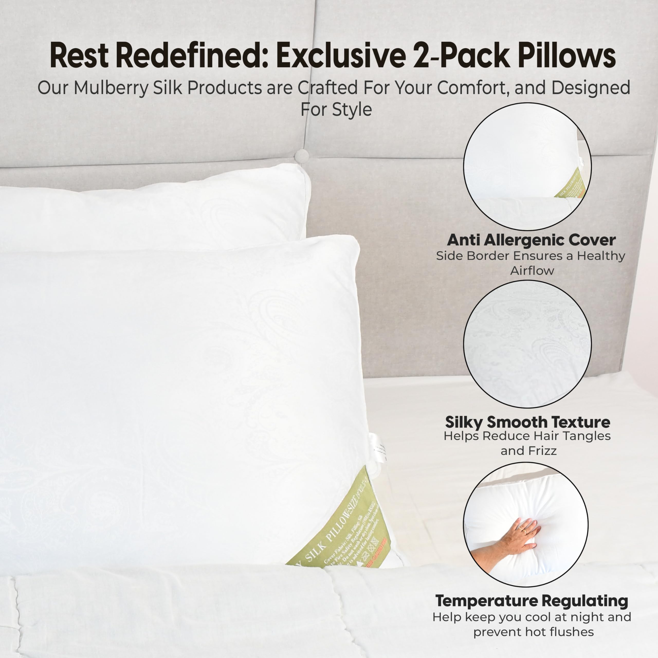 LuxBedCo Luxury Pillows 2 Pack - Soft Mulberry Silk Pillow Set for Head & Neck Support - Comfortable & Breathable 1000g Hotel Pillows for Better Sleep