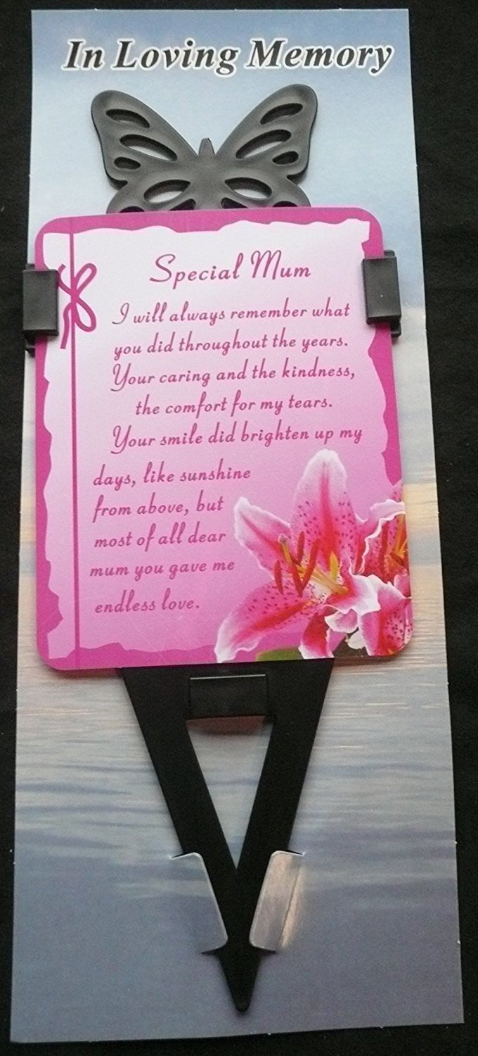 Mum Memorial laminated waterproof card with butterfly spike holder stake