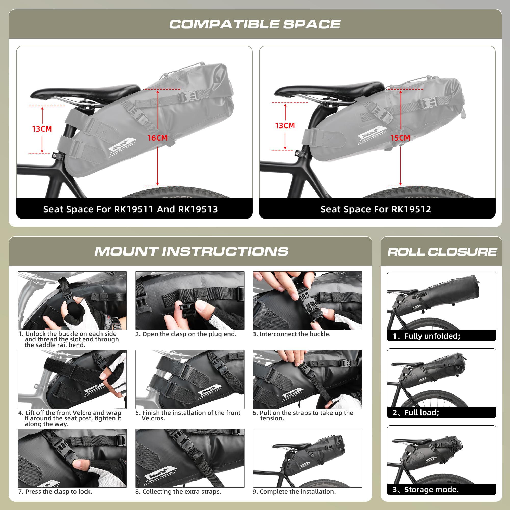 Rhinowalk Bike Saddle Bag Waterproof Bicycle Bag Cycling Seat Bag Mountain Road Portable Storage Bag, 10L