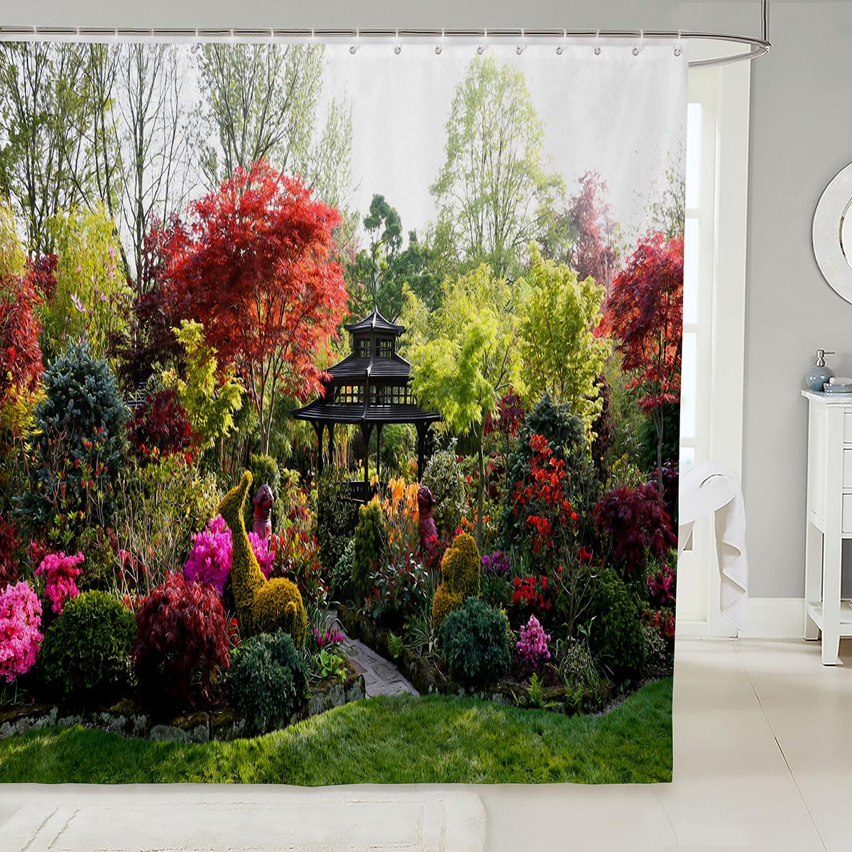 Loussiesd Natural Shower Curtain 180x200cm 3D Garden View Flowers Trees Waterproof Shower Curtain Outdoor Nature Scenery Waterproof Cloth Fabric