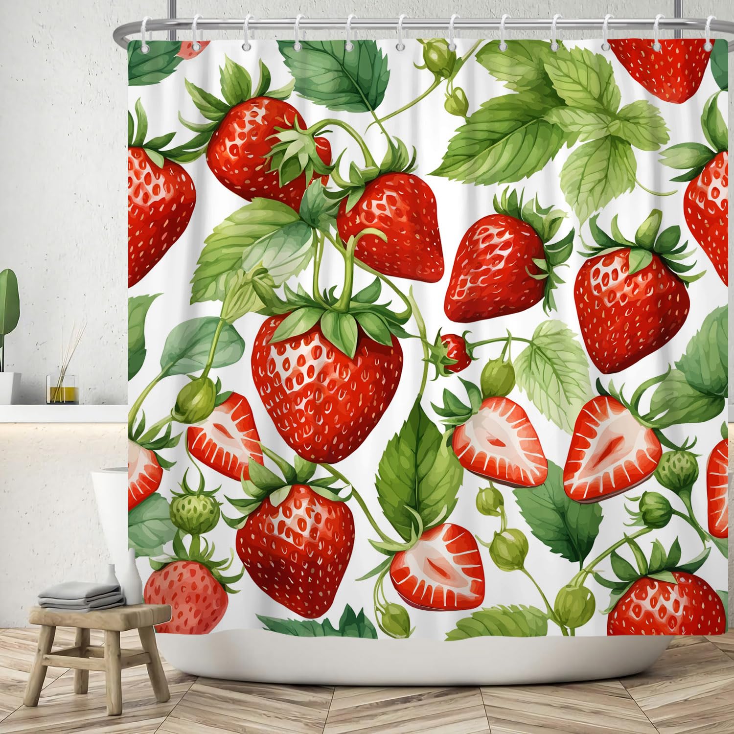 ASDCXZ Strawberry Shower Curtain 180x180 cm, Spring Summer Simplicity Red Strawberry Green Leaves White Washable Shower Curtains Polyester Textile