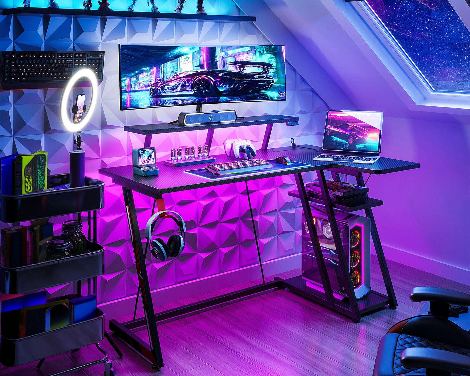 ODK L Shaped Gaming Desk with LED Lights & Power Outlets, Corner Computer Desk with Monitor Stand, Gaming Table with Storage Carbon Fiber Black 120 cm