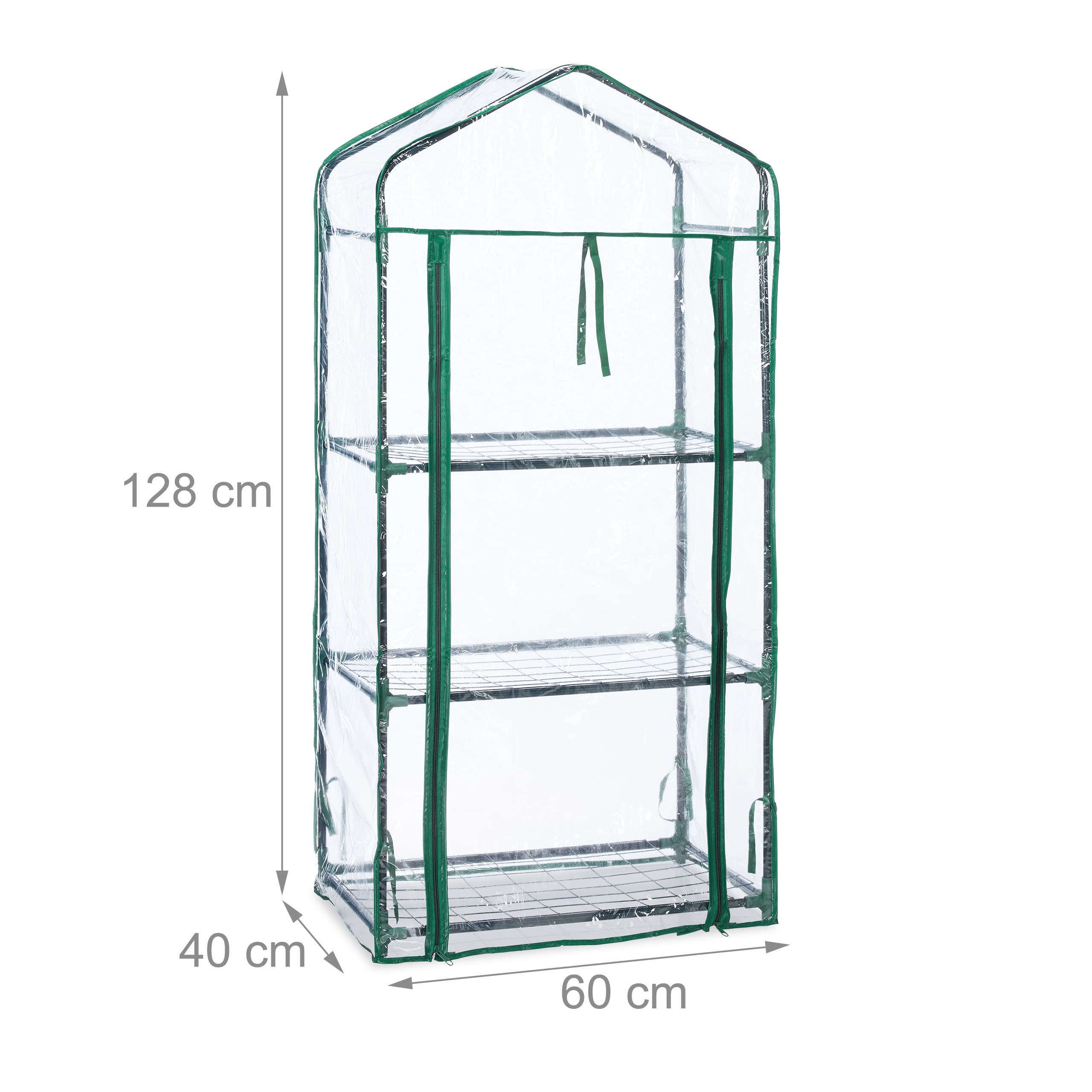 Relaxdays Small Greenhouse for Balcony, 3 Shelves, Metal & Plastic, Plant Cultivation, 128x60x40 cm, Green/Transparent, Iron