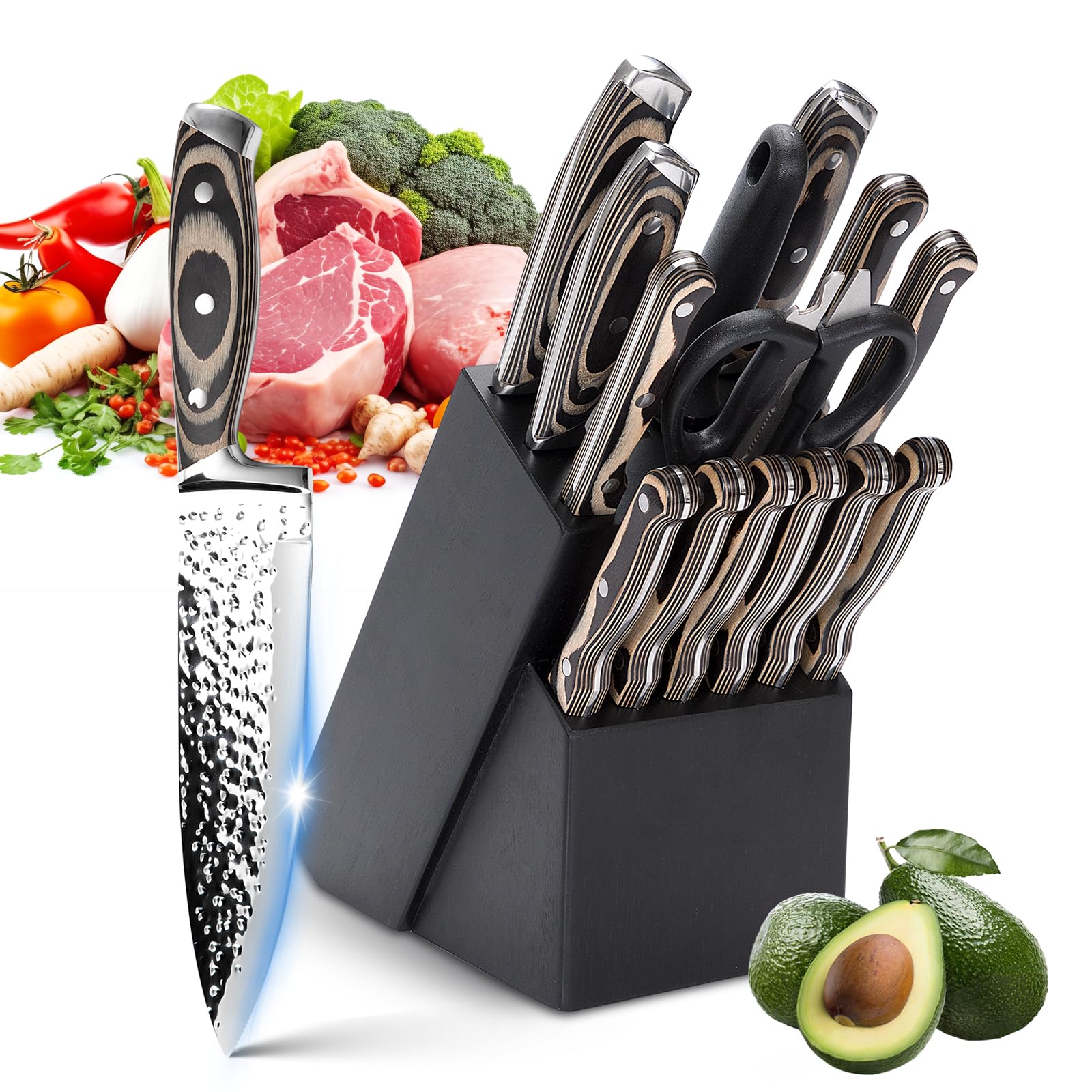 15-Piece Chef Knife Sets with Sharpener, Kitchen Knife Sets with Wood Block, High Carbon Stainless Steel Professional Chef?s Knives, Steak Knife and