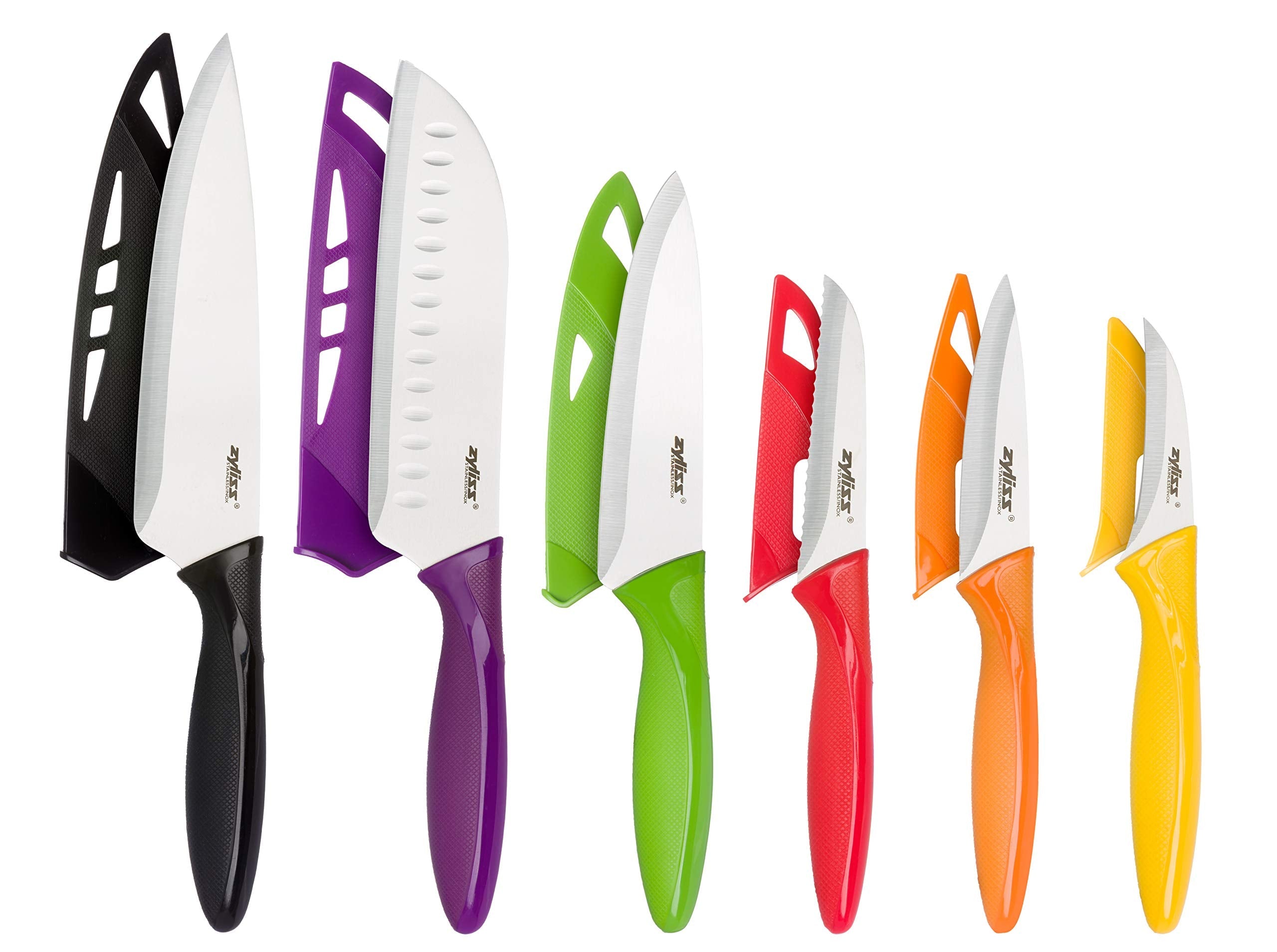 Zyliss 6 Piece Knife Set, Japanese Stainless Steel, Non Slip Handle, Multicolour, 6 x Professional Kitchen Knives with Protection Covers, Dishwasher