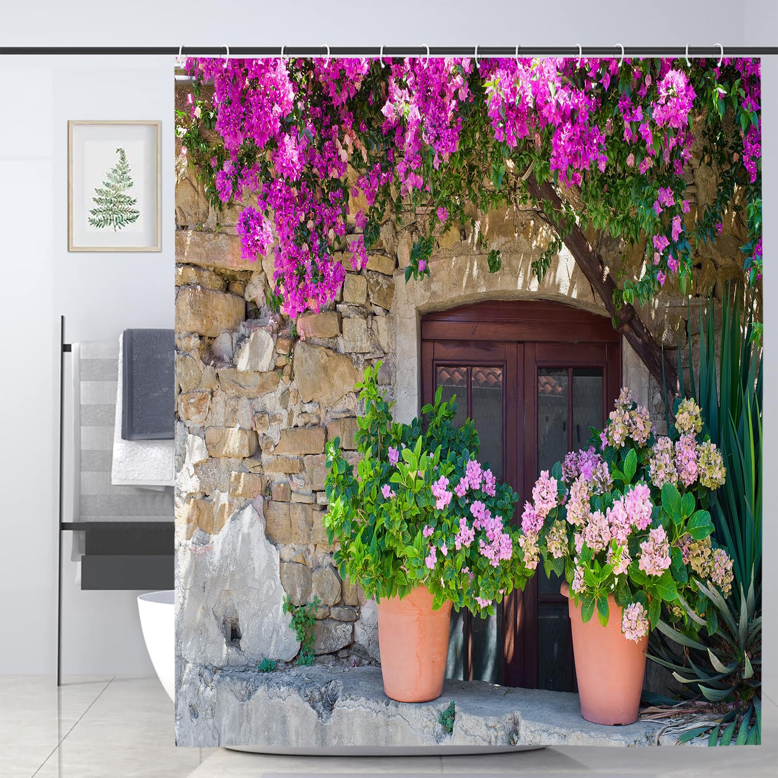 JOOCAR Italian Shower Curtain View of Stonewall House with Flowerpot Flower in Italy Rural Town Garden Bath Curtain Waterproof Shower Curtains for