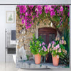 JOOCAR Italian Shower Curtain View of Stonewall House w/ Flowerpot Red Purple Flower in Italy Rural Town Garden Bath Curtain Waterproof Shower