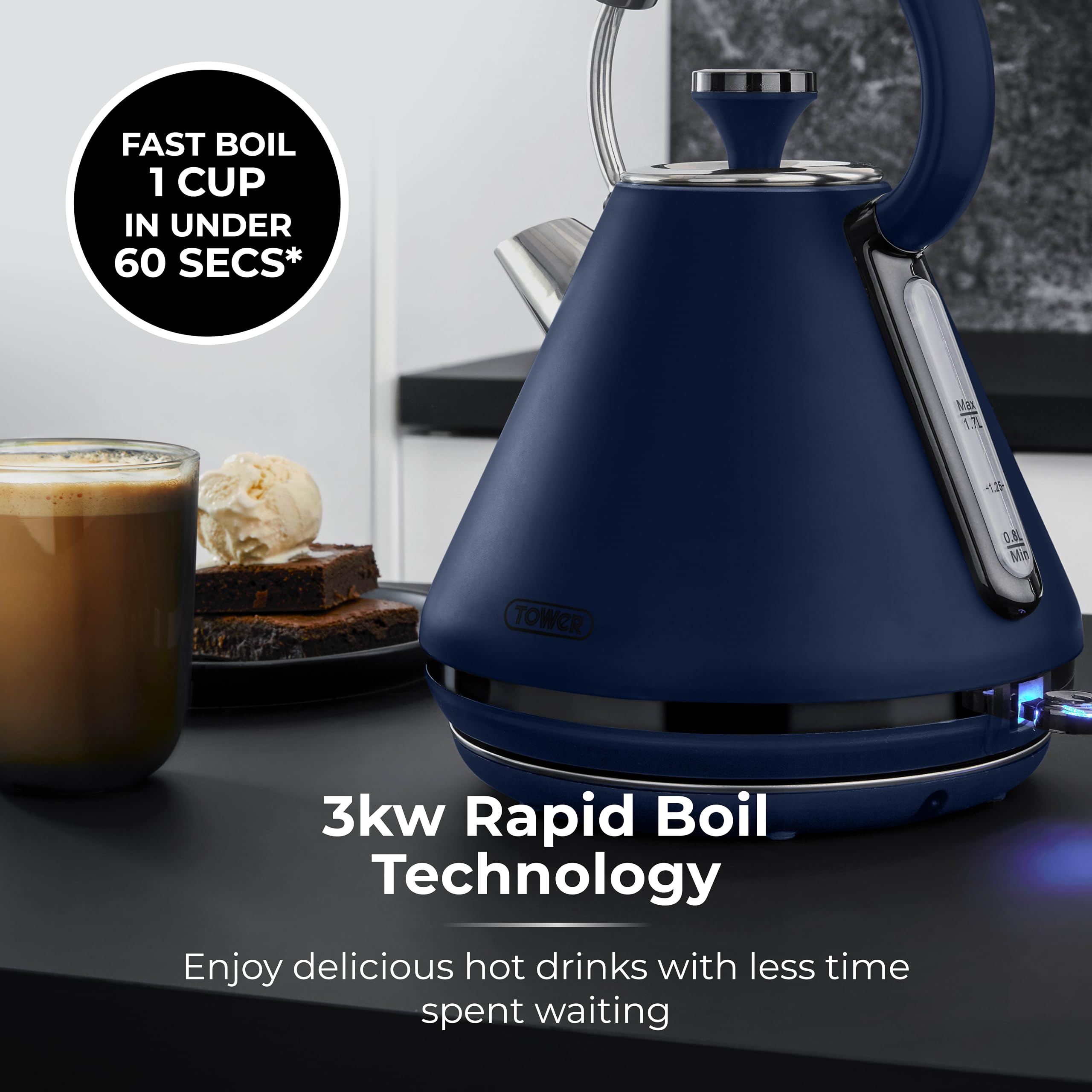 Tower T10079MNB Sera Pyramid Kettle with Smoked Black Trim, 1.7L, 3KW, Midnight Blue