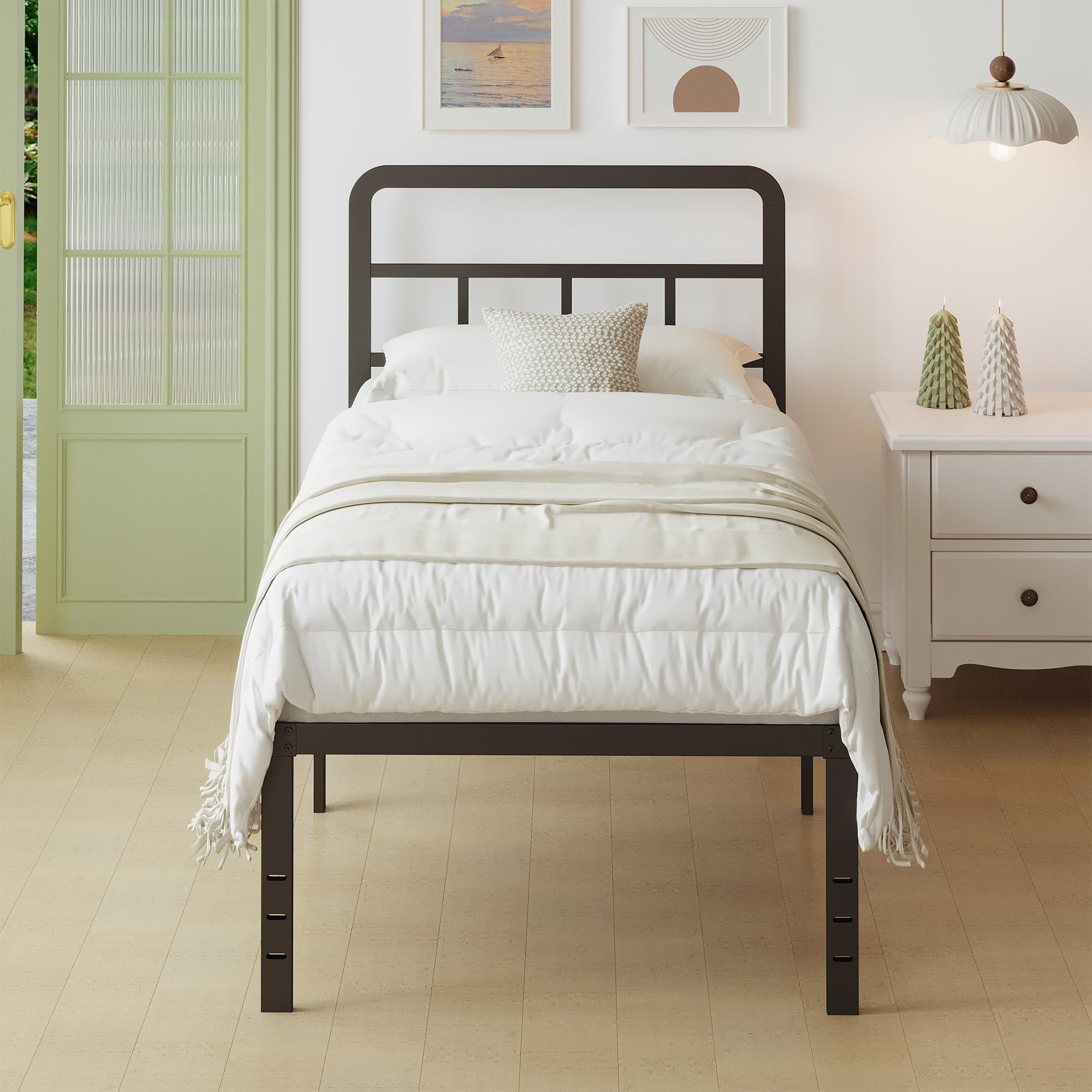 Lutown-Teen Metal Bed Frame 90 x 200 cm with Curved Headboard, 3ft Heavy Duty Black Bed 46 cm High with Steel Slat Support, Underbed Storage, Easy