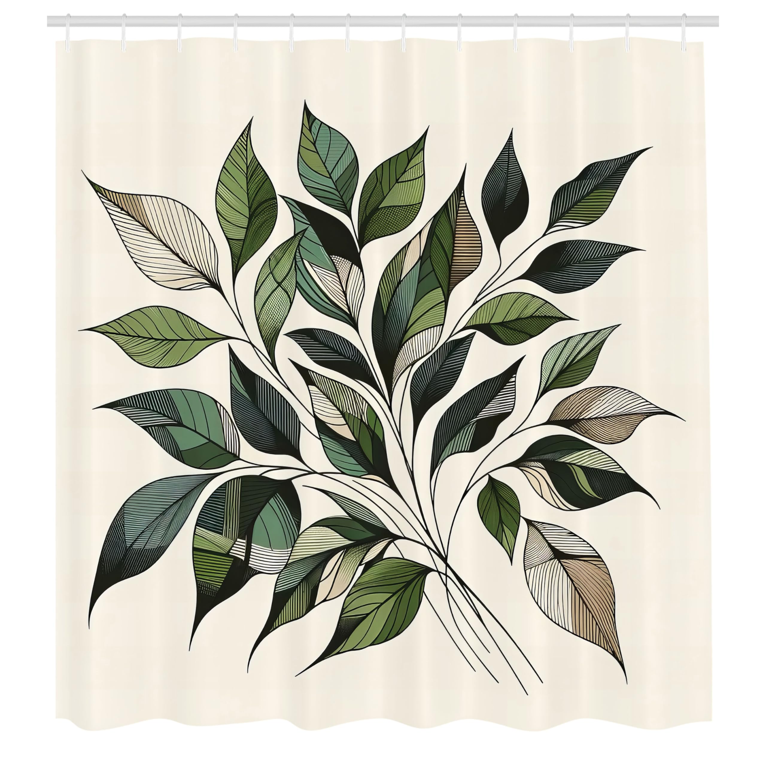 ABAKUHAUS Boho Shower Curtain, Modern Bohemian Jungle Leaves, Cloth Fabric Bathroom Decor Set with Hooks, 175 x 200 cm, Fern Green Warm Taupe