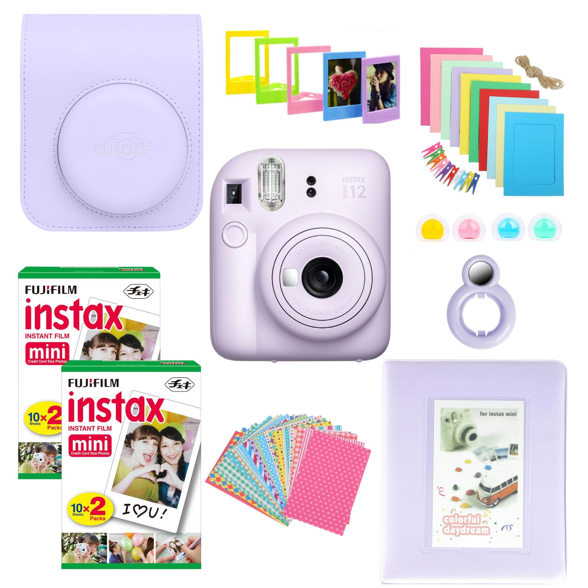 Clikoze Instant Camera Bundle with Fujifilm Mini 12 Lilac Purple Camera, Fujifilm 40 Shot Mini Film, Clikoze Mini 12 Case, Mini Album Book, Film