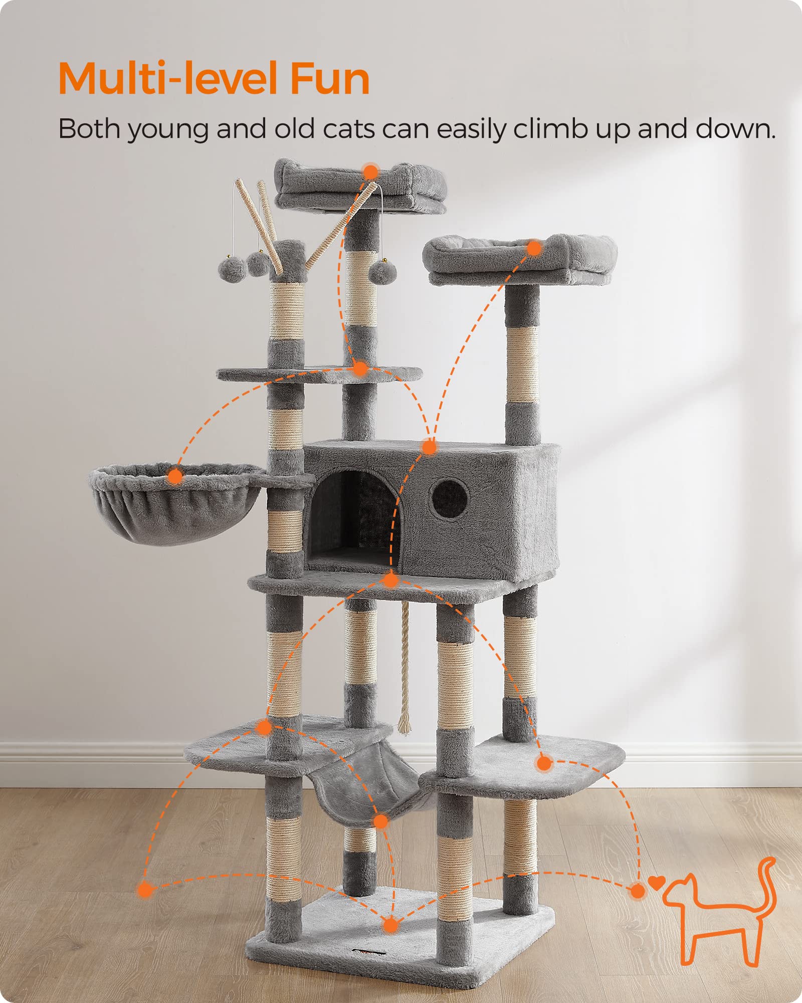 FEANDREA Cat Tree, XXL Cat Condo, 164 cm, Light Grey PCT087W01