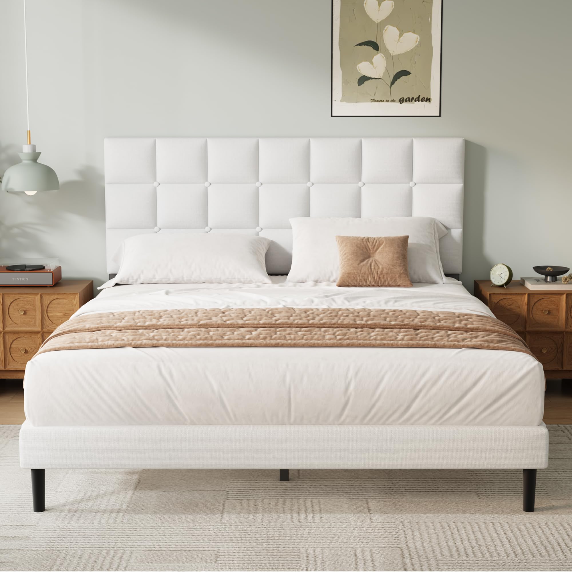 Yocreat Single Bed Frame, Easy Assembly, Sturdy Wooden Slat Support, Upholstered Platform with Headboard, No Box Spring Needed, White Single Bed