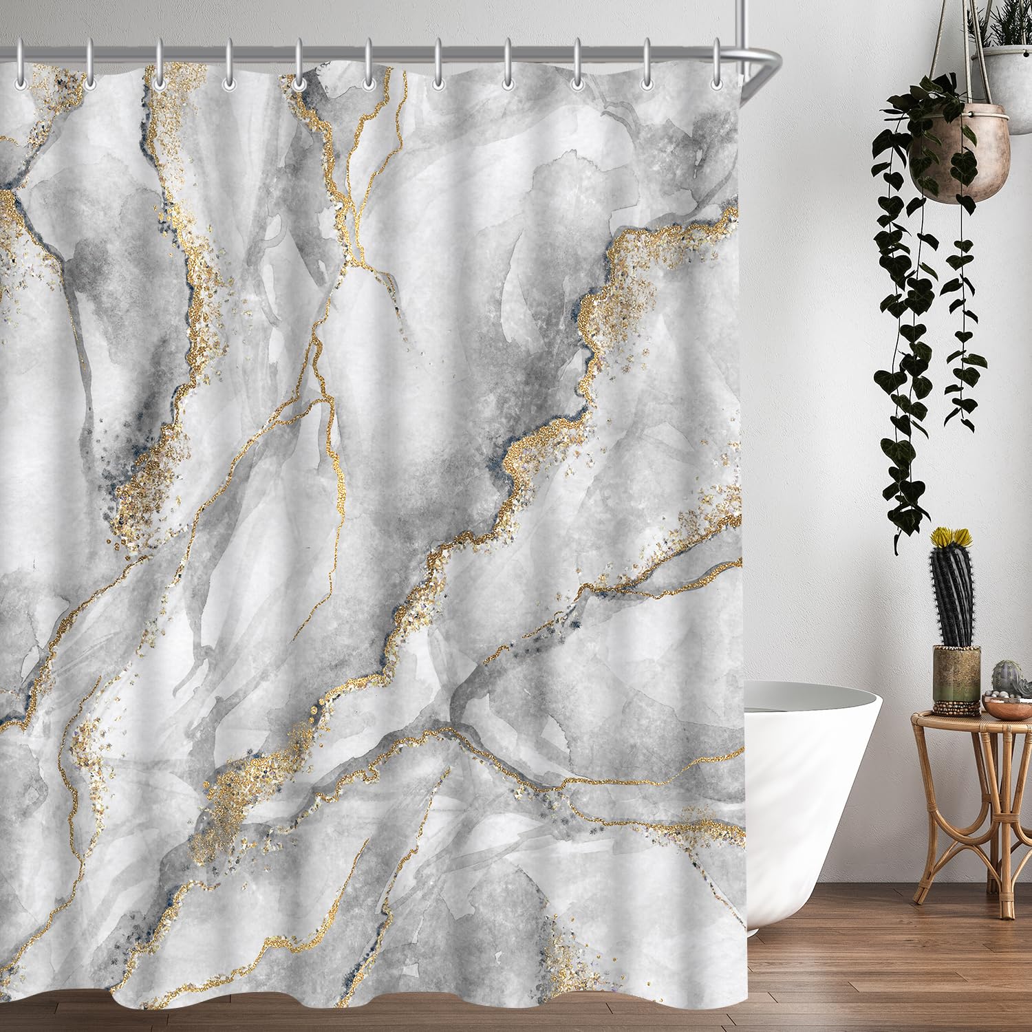 Lerores Shower Curtain, 240 x 200 cm, Marble, Weighted Hem, Anti-Mould Textile, Water-Repellent, Washable Polyester Bath Curtains with 16 Eyelets and
