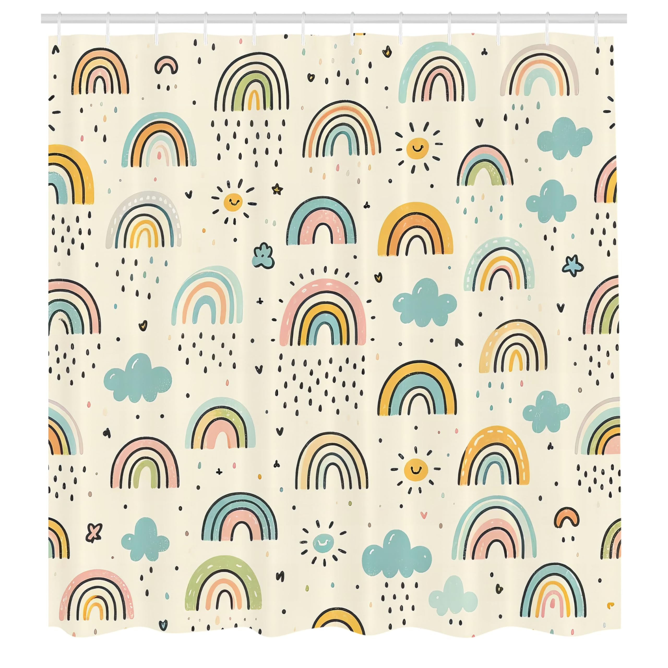 ABAKUHAUS Rainbow Shower Curtain, Pastel Art Scandinavian, Cloth Fabric Bathroom Decor Set with Hooks, 175 x 200 cm, Ivory Orange Pale Blue