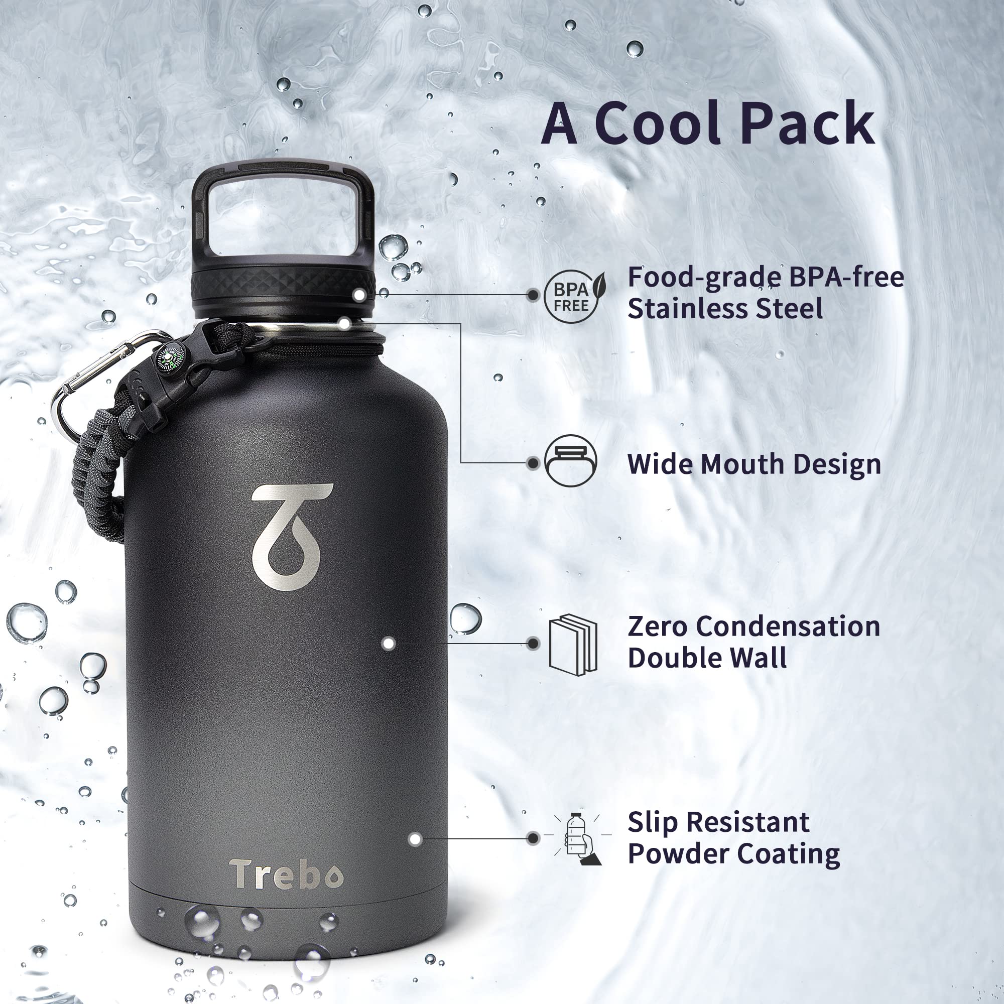 Trebo Stainless Steel Water Bottle 2L, Wide Mouth Insulated Water Bottle Double with Paracord Handle Sports Bottle Keep Cold 48 Hours Water Bottle