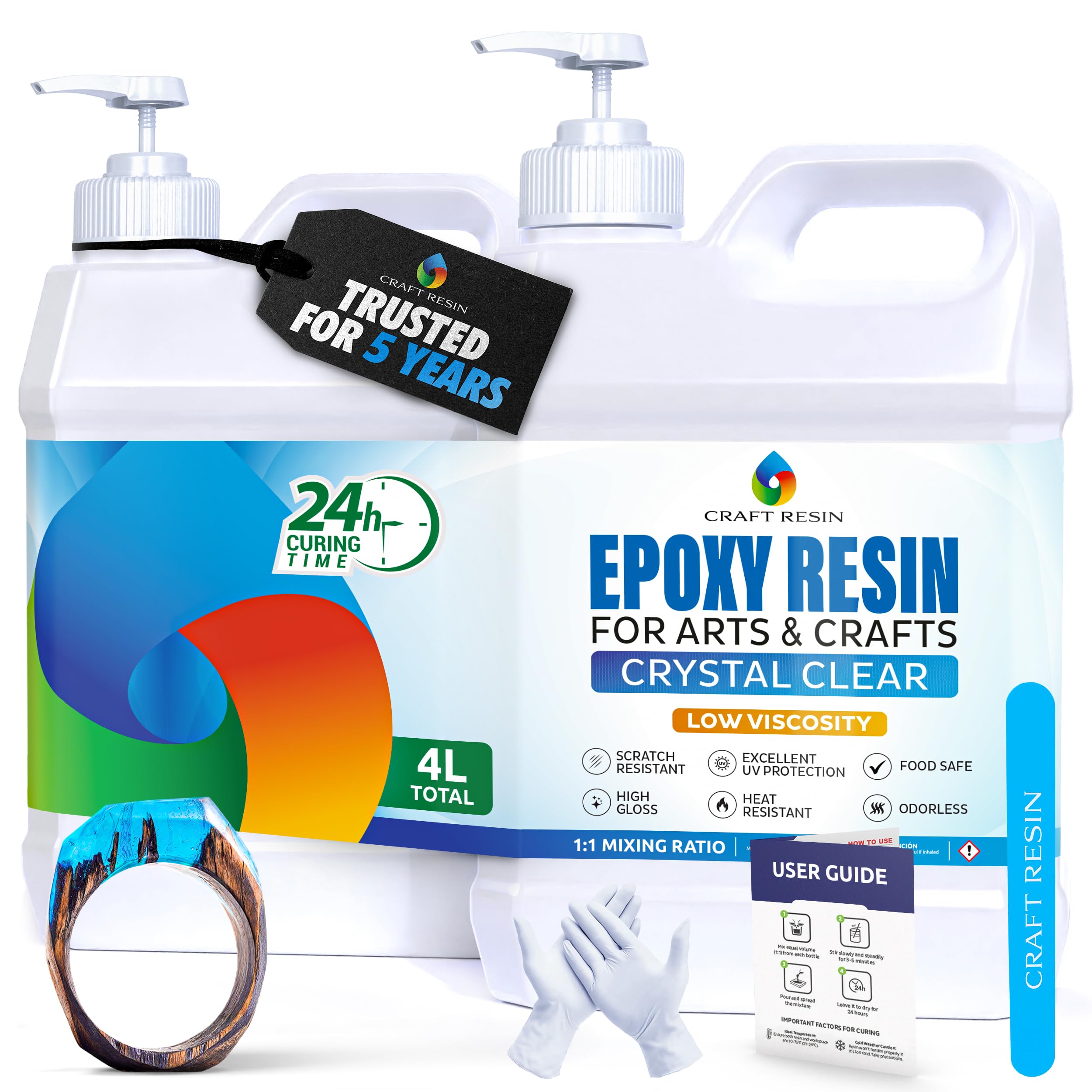 CRAFT RESIN 4L Crystal Clear Epoxy Resin Kit - Food Safe & UV Resistant for DIY Art, Wood, Jewellery Making, Coasters, Mould Casting Resin Epoxy - Low