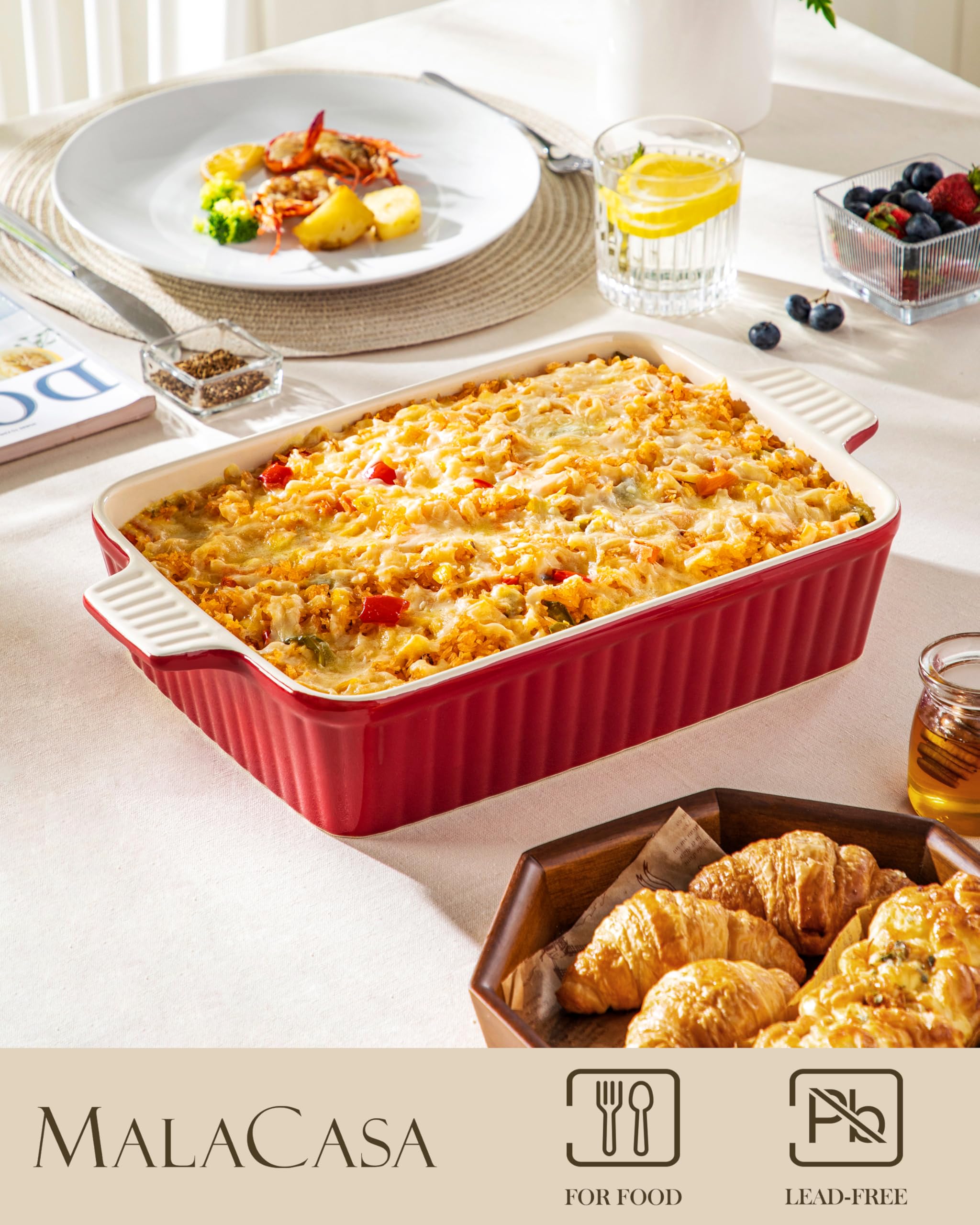 MALACASA 4.4 QT Baking Dish, 9x13 Large Casserole Dish for Oven, Ceramic Baking Pan, Rectangular Lasagna Pan Deep with Handles for Baking, Durable