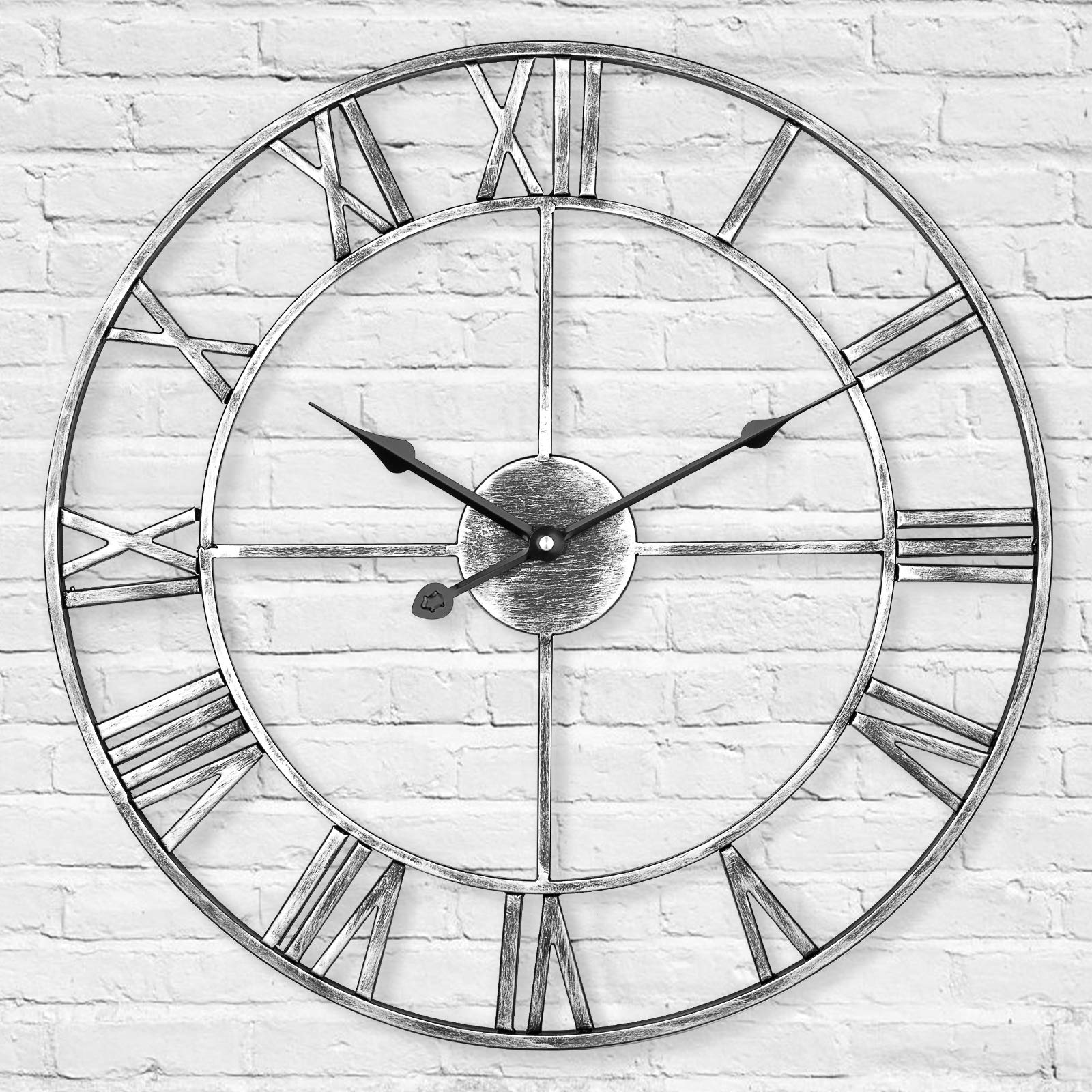 LENAUQ Silent Metal Skeleton Wall Clock, 60cm European Farmhouse Vintage Clock with Roman Numeral, Non-Ticking Battery Operated Hanging Wall Clock for