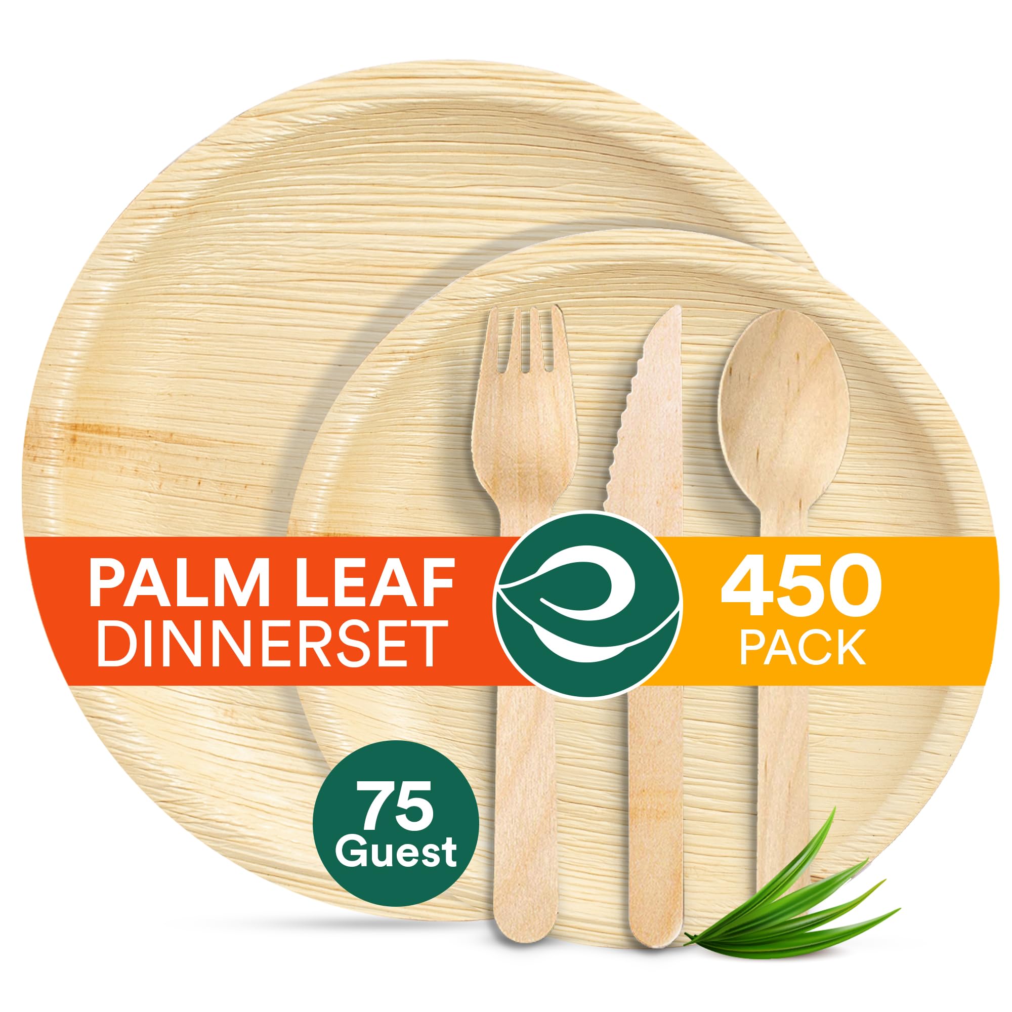 ECO SOUL 100% Compostable Palm Leaf Dinnerware Set For 75 Guests [10", 6" Round plates 75 Count each | Fork, Knife, Spoon,100 Count each] |