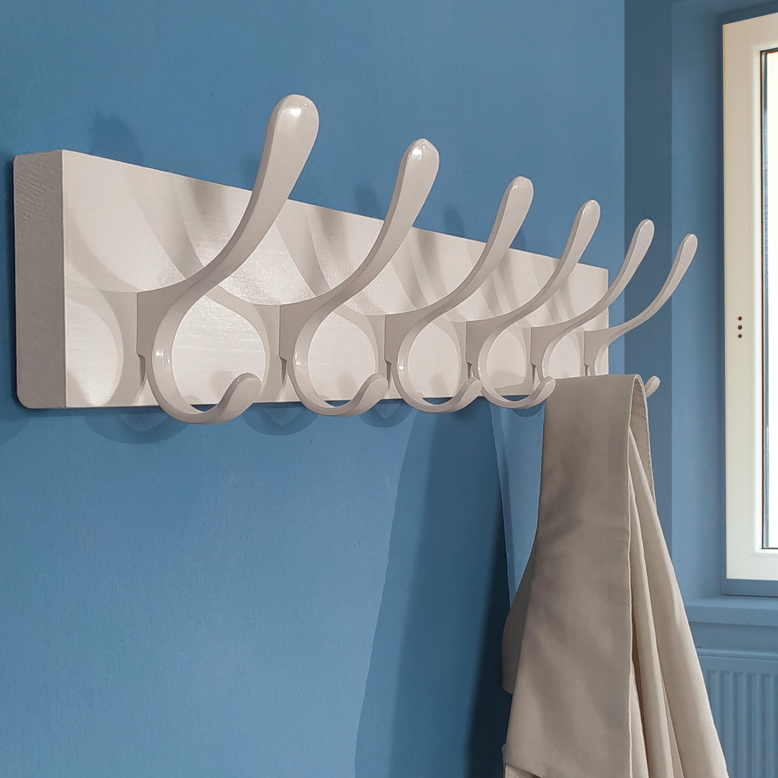 SKOLOO Coat Rack Wall Mount - Wooden White Wall Coat Hook, Pack of 2, Wall Coat Hanger Rack with 6 Hooks for Hanging Coats, Hats, Clothing, Scarfs,