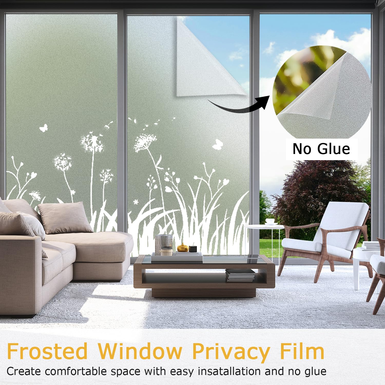 Linarun Frosted Window Film Privacy Film for Glass Windows Tint 90x400 cm Opaque Window Film Dandelion patterned Window Frosting Film with No Glue