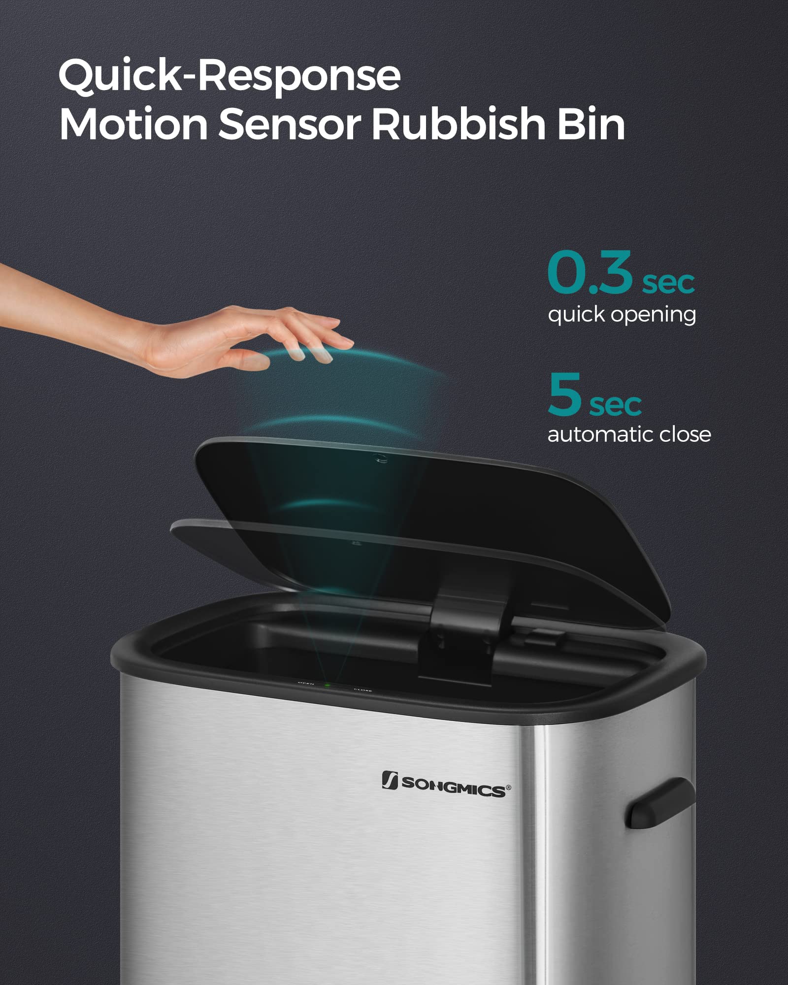 SONGMICS Kitchen Bin 50L, Sensor Bin, Automatic Rubbish Bin with Soft-Close Lid and Bag Retainer Ring, Stainless Steel Waste Bin, 15 Rubbish Bags