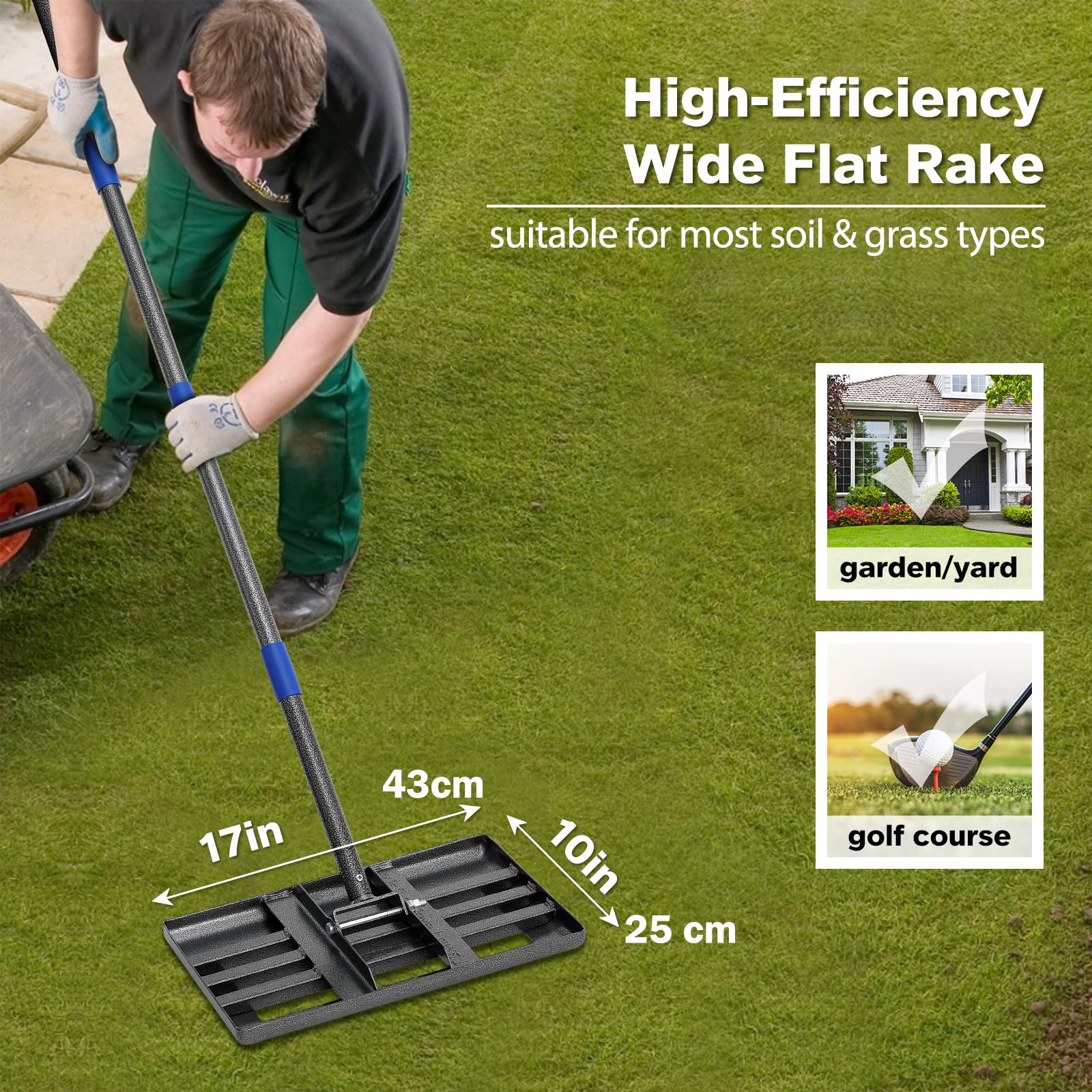 Lawn Leveling Rake, 43 x 25 cm Levelawn Tool with Effort Saving Curved Edge, 5 FT Metal Lawn Leveler Heavy Duty, Move Soil Ground Surfaces Freely,