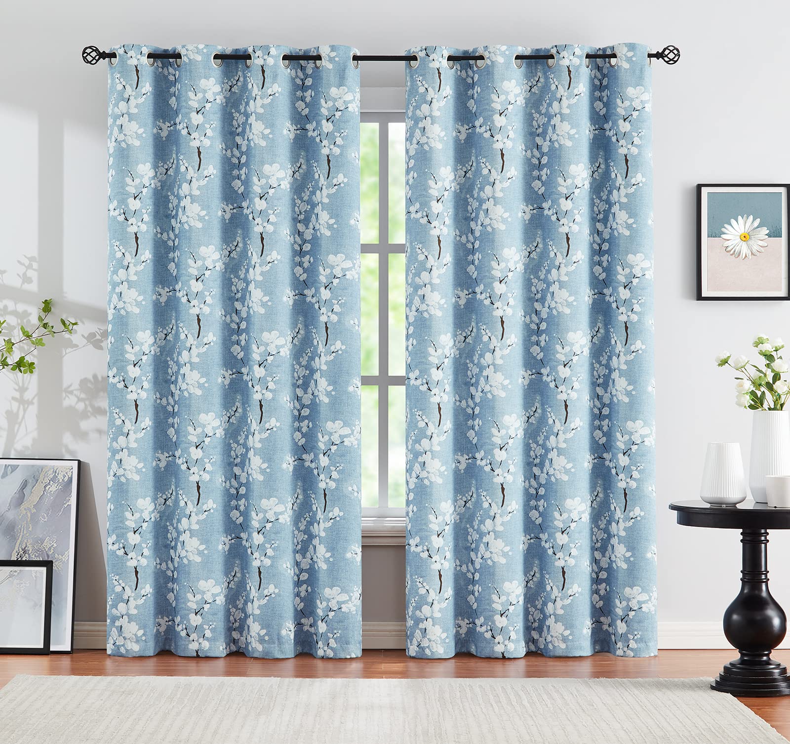 Fmfunctex Blue Floral Blackout Curtains for Bedroom 72 inch Drop Eyelet Curtains for Living Room Nursary Blossom Thermal Insulated Window Curtain