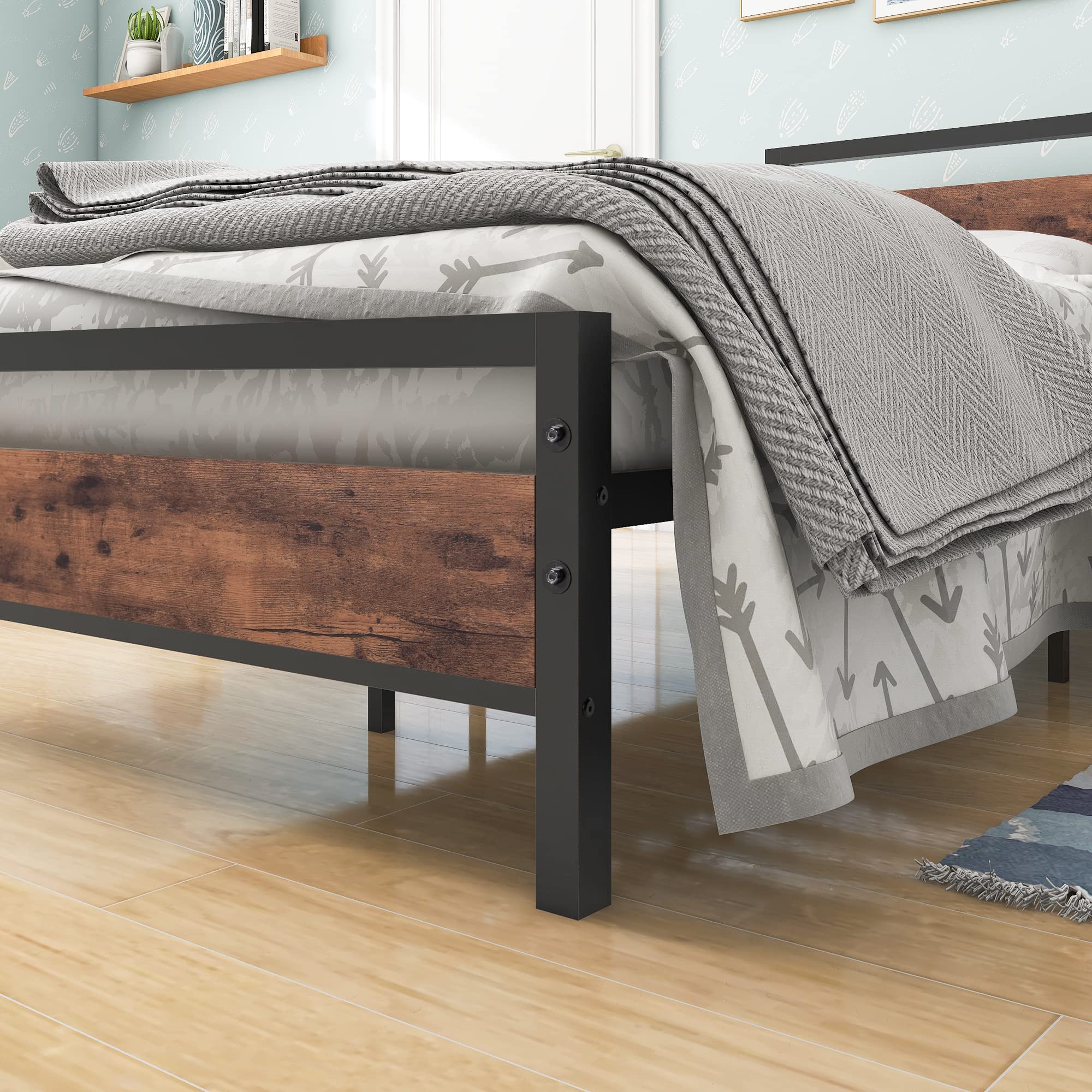 BOFENG 3ft Single Bed Frames Solid Bedstead Base with Wood Headboard,Heavy Duty Metal Platform Bed Frame No Box Spring Needed,Mattress Base/Metal Slat
