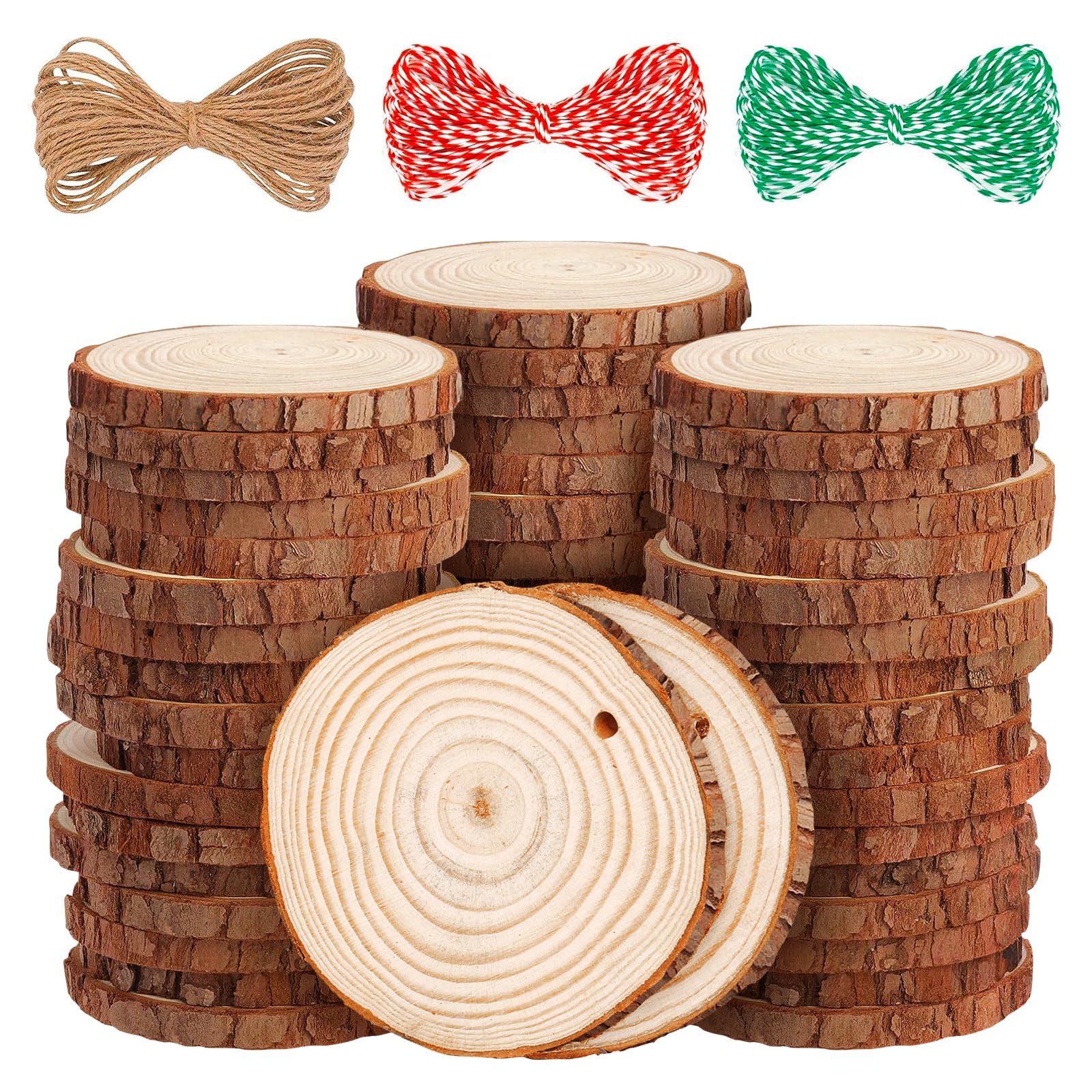 LOOFORE Natural Wood Slices, 54 Pcs 6-7cm Unfinished Wooden Coasters, Predrilled Log Discs Wooden Log Slices, with 3 Ropes for Arts DIY Crafts,
