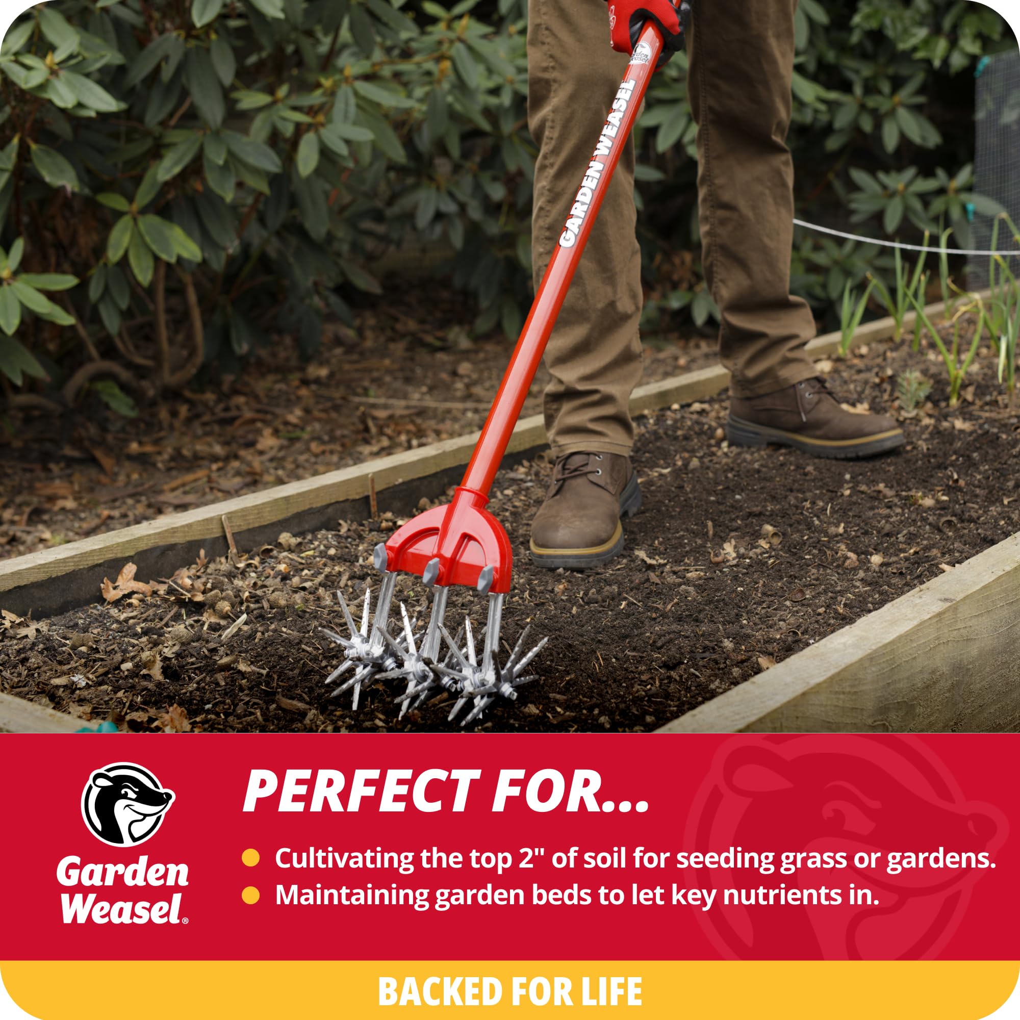 Garden Weasel Rotary Cultivator & Hand Tiller - 2-in-1 | Aerate, Weed, Cultivate, Plant, Reseed | Lawn Reseeding Garden Tool, Garden Soil Loosener |