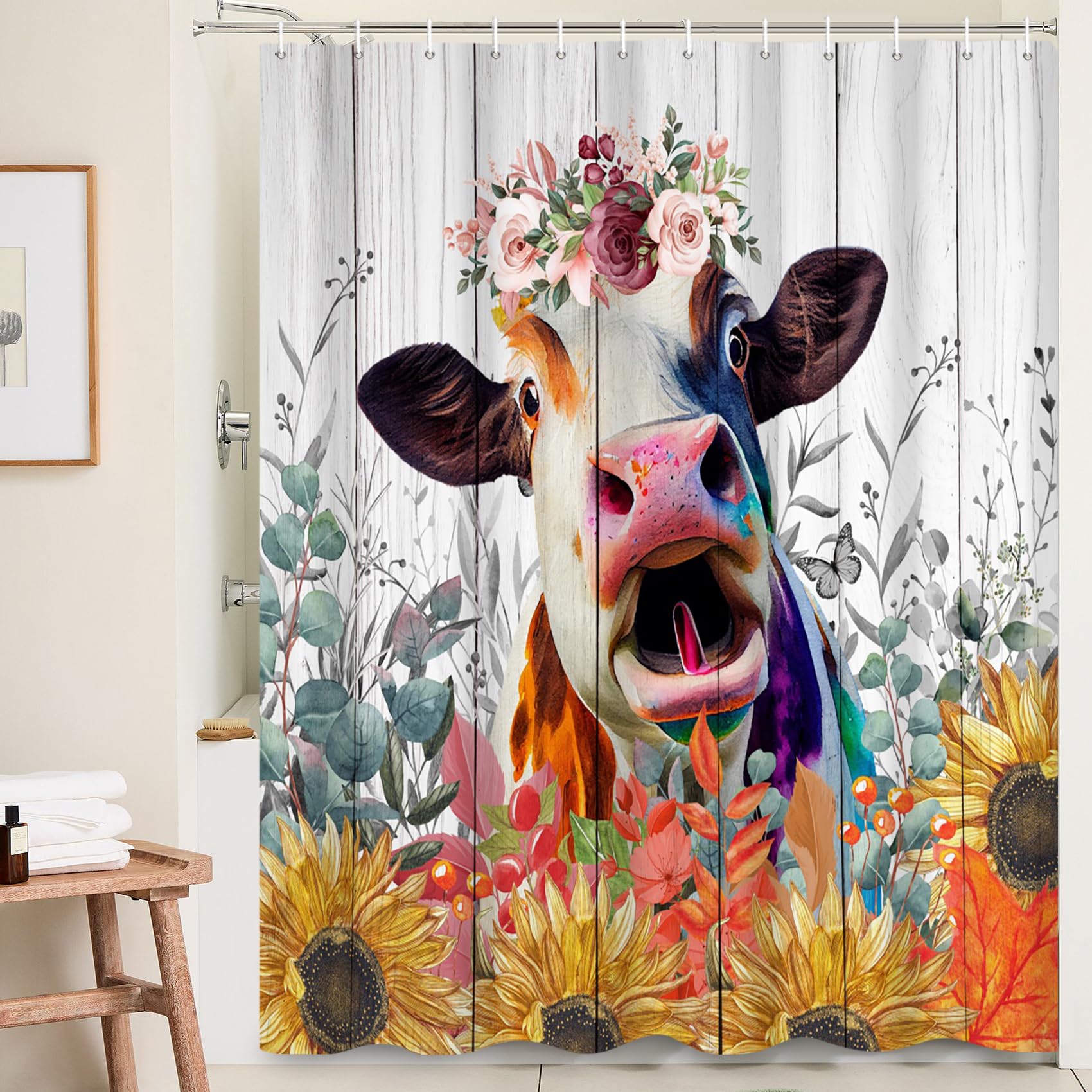Ttincceer 183x183cm Funny Cow Shower Curtain Fall Sunflower Retro Plank Farmhouse Animal Bathroom Curtains with Hooks Water-resistant Washable Bathtub
