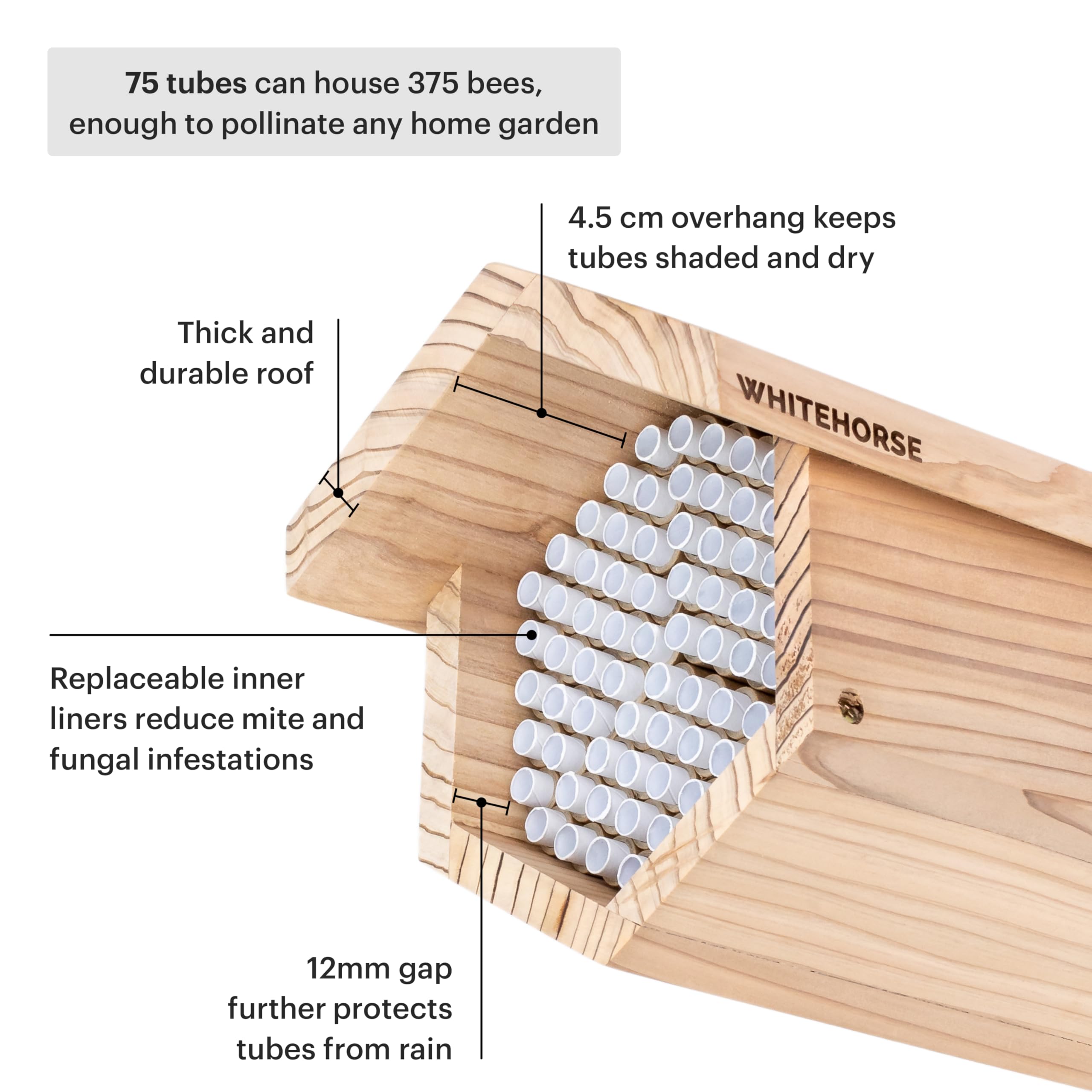 WHITEHORSE Premium Cedar Bee House - 15 cm Long Replaceable Tubes - Perfect for Mason Beekeeping - An Insect Hotel Built to Last - Support Bees While