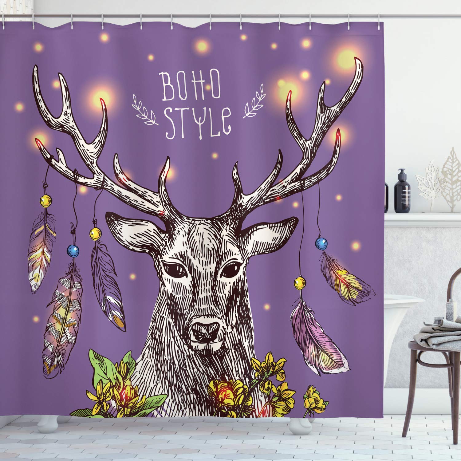 ABAKUHAUS Boho Shower Curtain, Boho Hand Drawn Rein Deer with Gypsy Fashioned Elements on Antlers Unique Wild Creature, Cloth Fabric Bathroom Decor