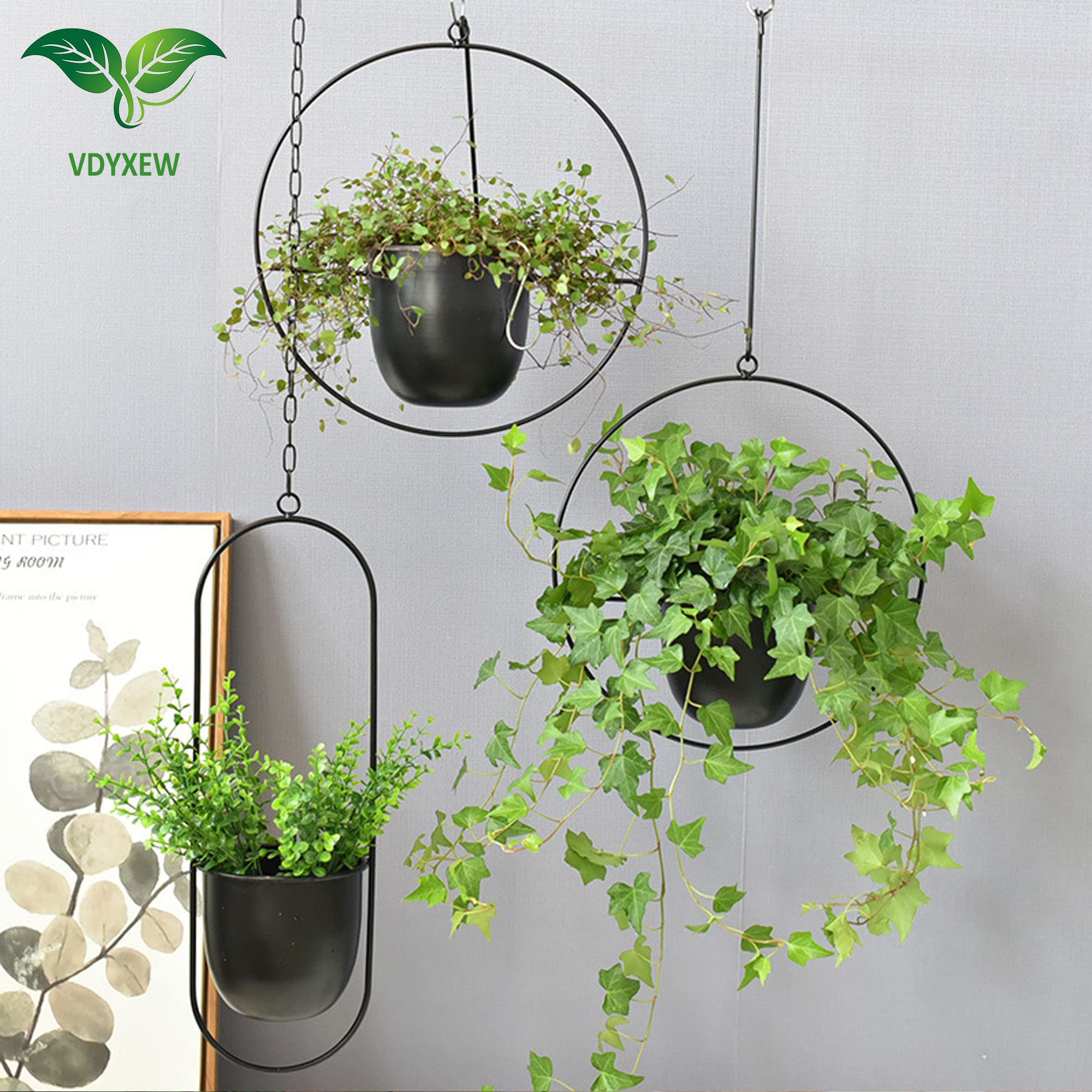 VDYXEW Metal Hanging Flower Pot, Hanging Planters for Indoor and Outdoor Plants with Metal Hooks, Hanging Basket for Home Decoration, Black (2 Pieces)