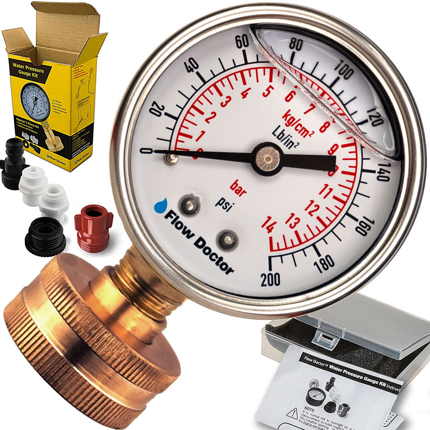 Flow Doctor Water Pressure Glycerin Filled Gauge Kit, All Purpose, 6 Parts Kit, 0 To 200 Psi, Standard 3/4" Female Garden Hose Thread Plus 5 Adapters
