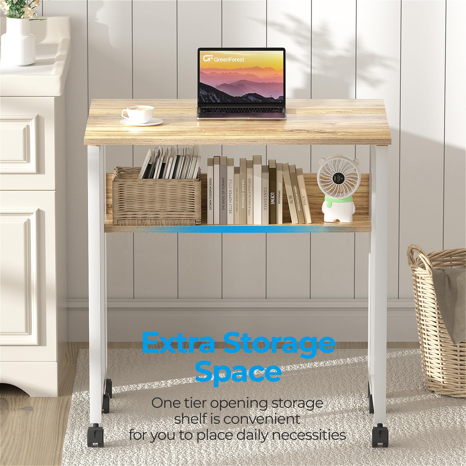 GreenForest Small Folding Desk with Storage Shelf,63 cm Computer Rolling Desk on Wheels Easy Assembly,Foldable desk for Small Space,Oak