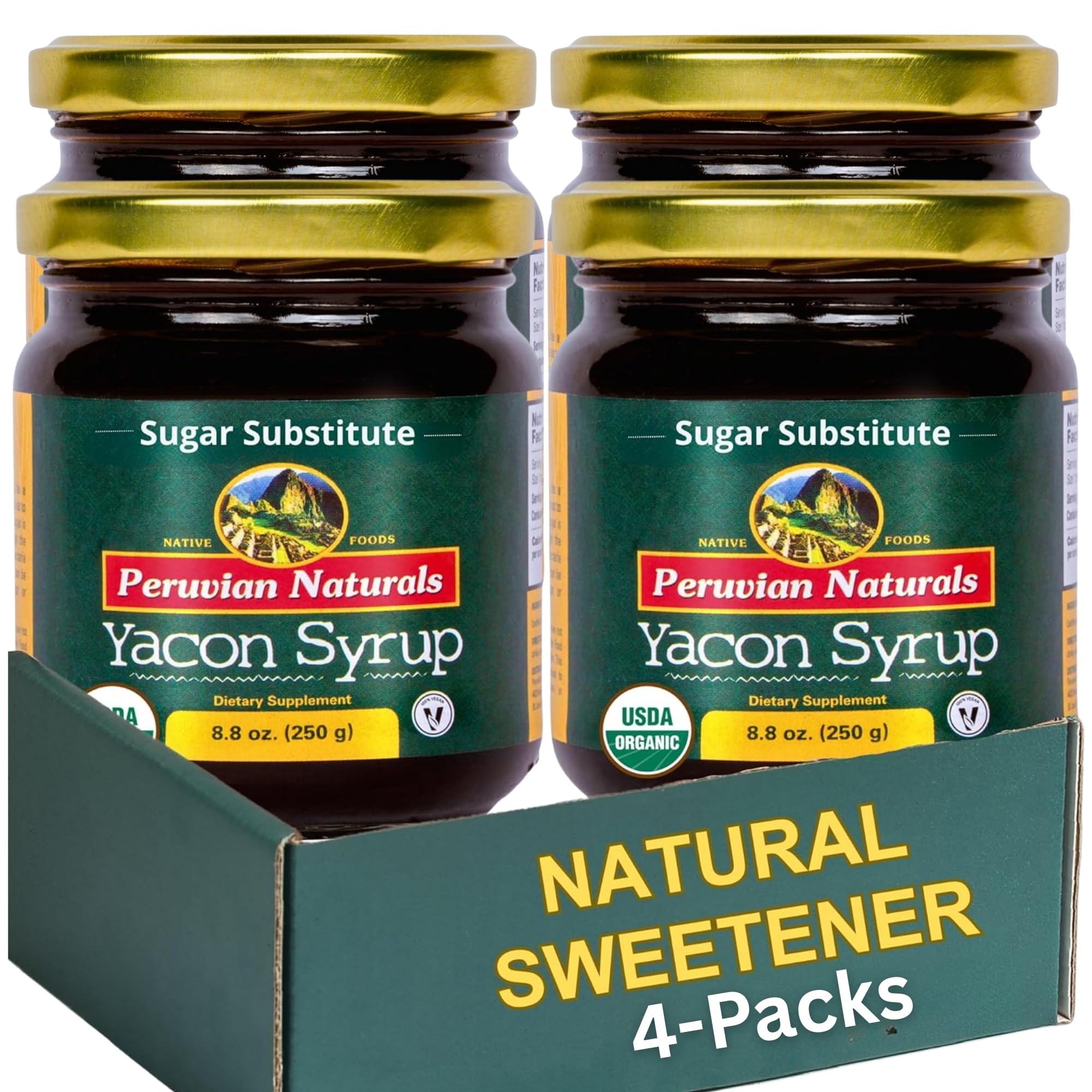 Organic Yacon Syrup 1 kilogram (2.2 pounds) Four Sealed Glass Jars of 250 grams each (8.8 ounces) from Peruvian Naturals