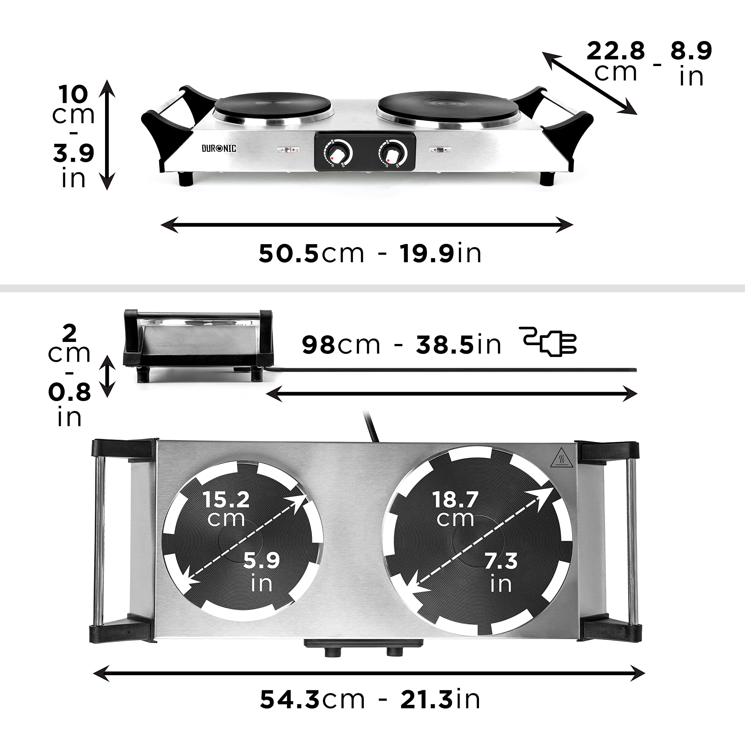Duronic Hot Plate HP2 SS, Stainless Steel Table Top Cooking, 2500W Black Steel Electric Double Hob with Handles, 2 Cast Iron Portable Hob Burner Rings