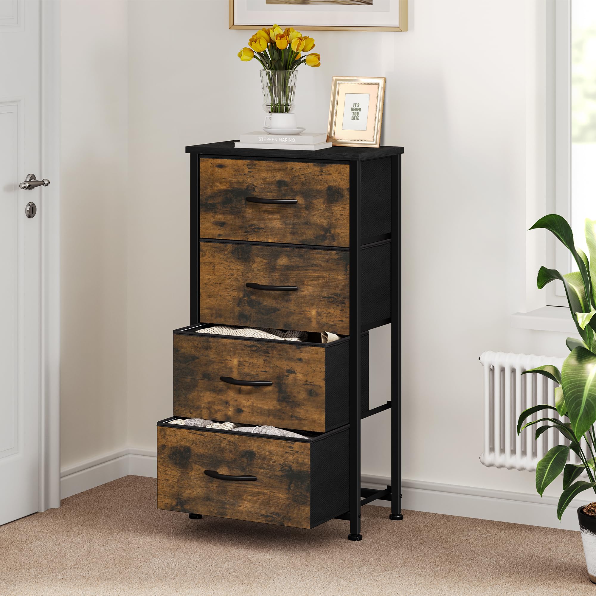 YITAHOME Chest of Drawer with 4 Drawers for Bedroom Fabric Dresser Storage Drawers With Handles Metal Frame for Living Room, Hallway,Rustic Brown