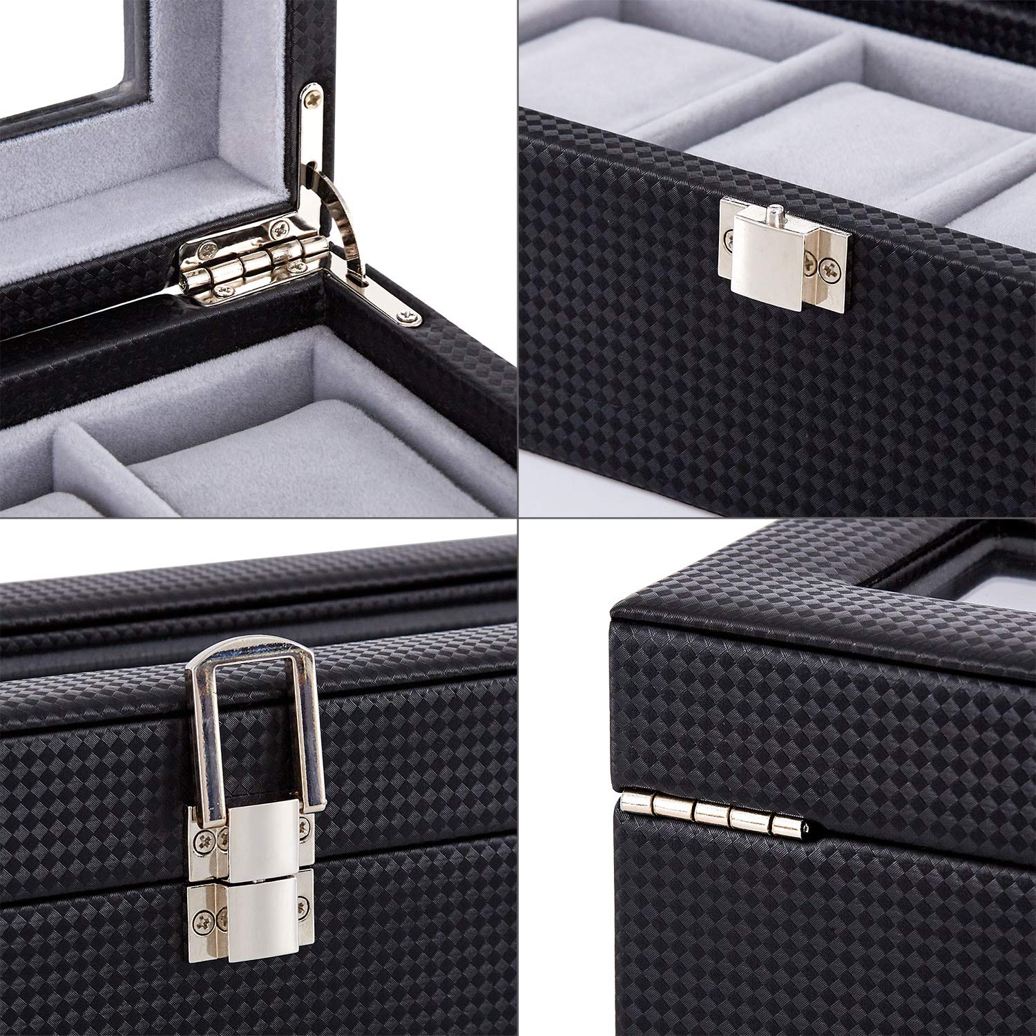 Mondeer Watch Box, Watch Display Organizer, Watch Storage with Glass Lid, Grey Velvet Lining, Lockable with Silver Metal Clasp, 6 Slots,