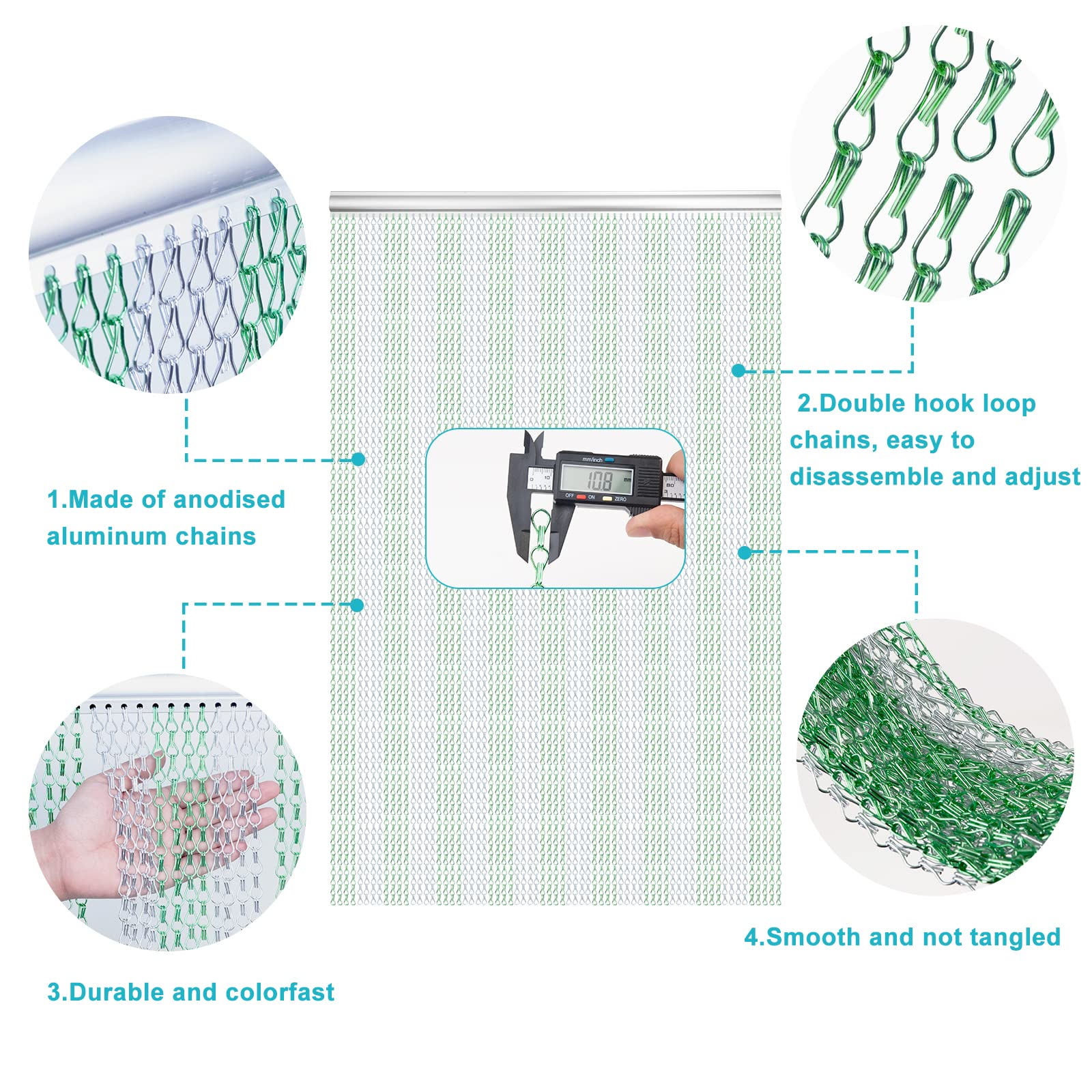 Lymmiytc Chain Curtain Door Screens 90 x 200cm Aluminium Chain Curtain for Doorways Decoration, Metal Fly Screens Insect Blinds Pest Control (Green &