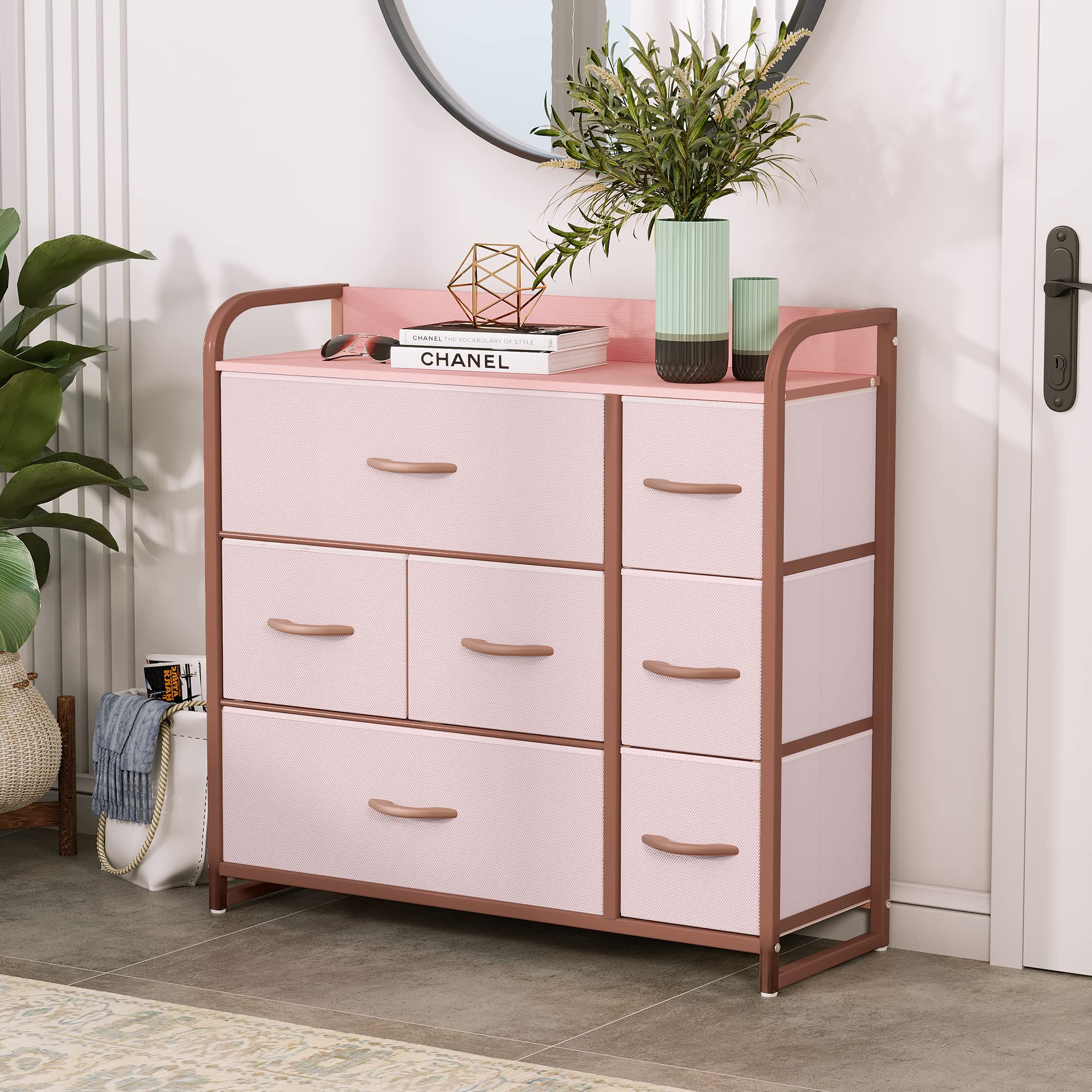 YITAHOME Chest of Drawer Bedroom with 7 Drawers Storage Unit Steel Frame Wood Top Fabric Dresser for Bedroom Living room,Closet,Pink