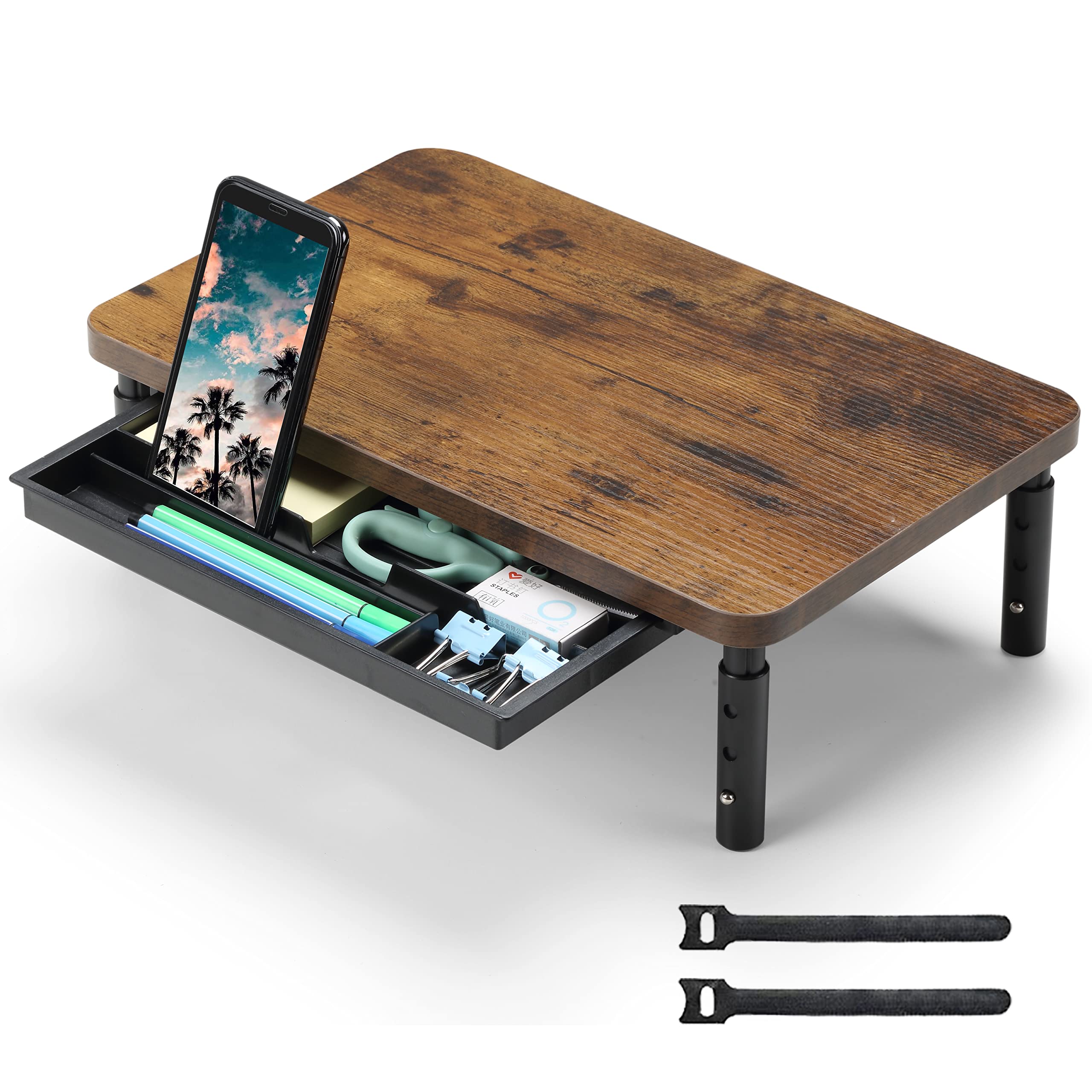 ETHU Monitor Stand Riser with Storage Drawer, Solid Wood Desktop Organiser with 3 Height Settings, Ergonomic Computer Monitor Shelf for Home Office