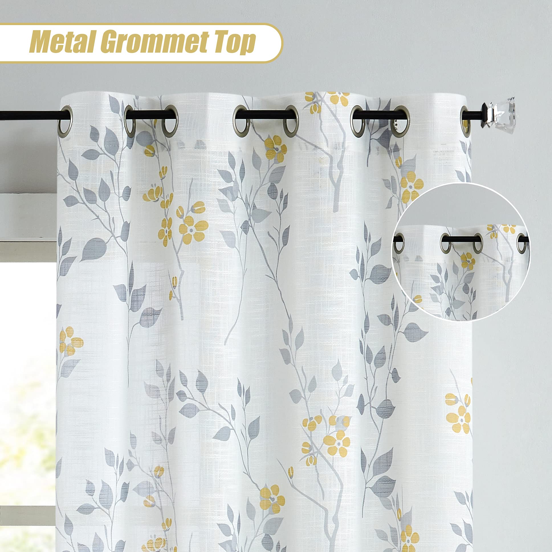 Beauoop Yellow Grey Semi Sheer Floral Curtains for Living Room 90 Drop Linen Textured Farmhouse Curtains for Bedroom Leaf Printed Eyelet Rustic Drapes