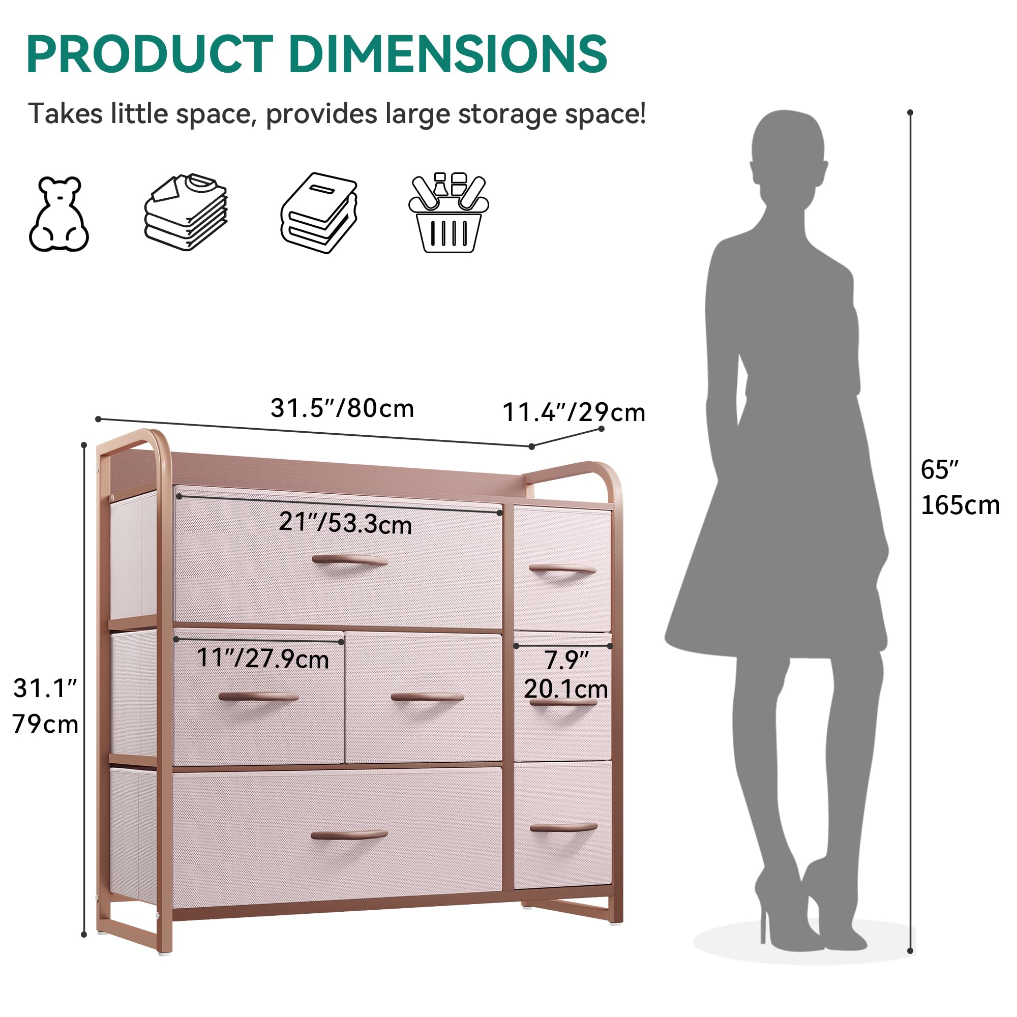 YITAHOME Chest of Drawer Bedroom with 7 Drawers Storage Unit Steel Frame Wood Top Fabric Dresser for Bedroom Living room,Closet,Pink