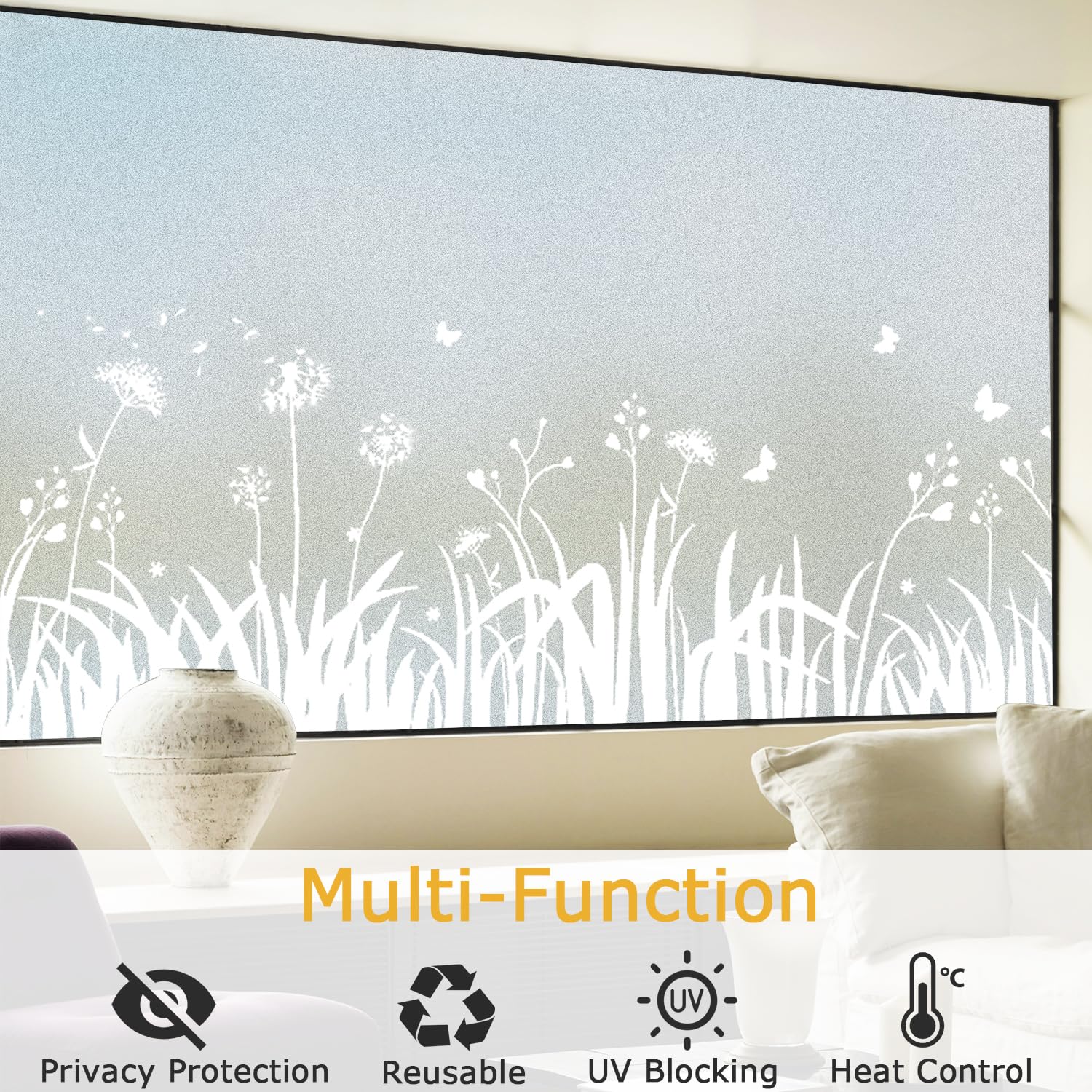 Linarun Frosted Window Film Privacy Film for Glass Windows Tint 90x400 cm Opaque Window Film Dandelion patterned Window Frosting Film with No Glue