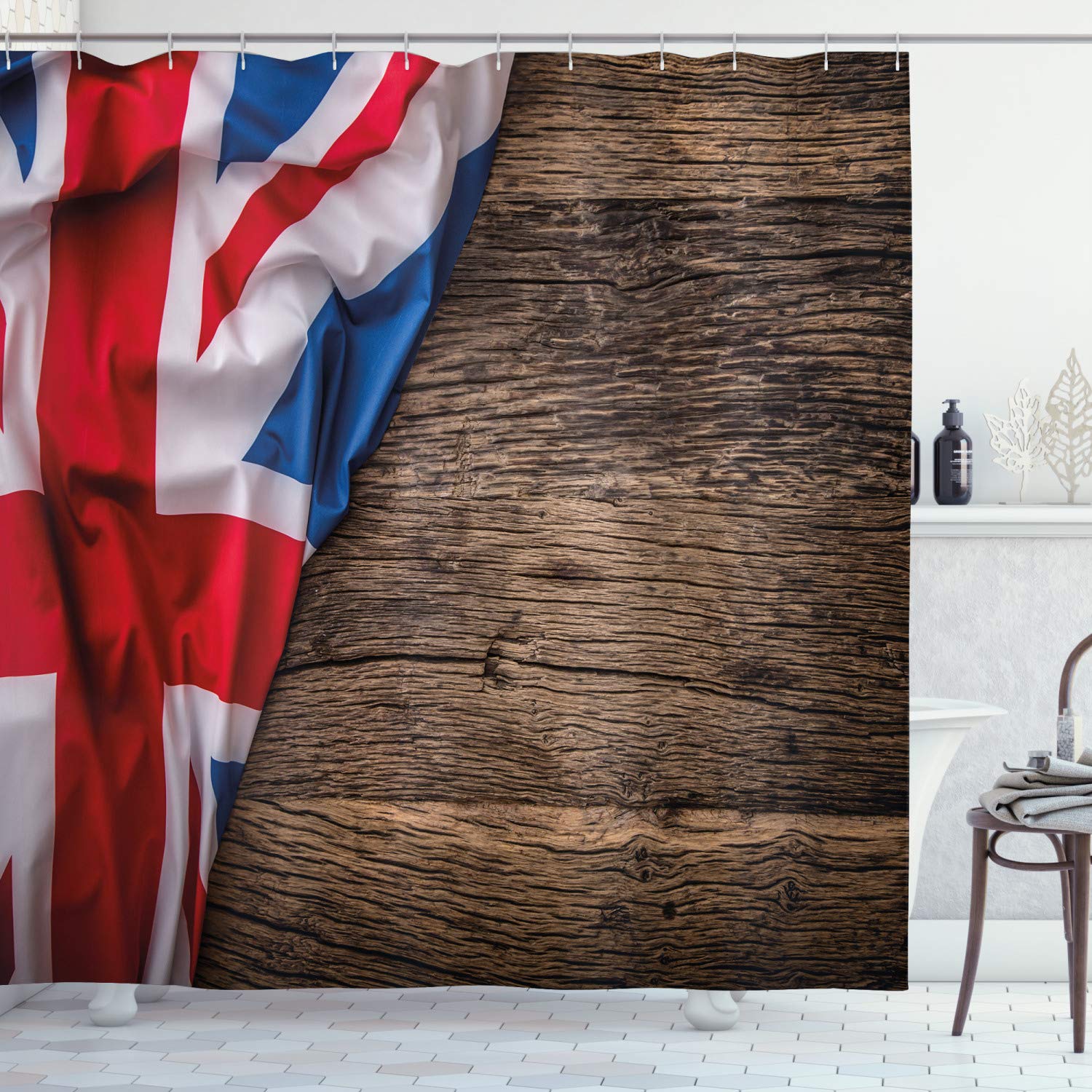 ABAKUHAUS Union Jack Shower Curtain, Flag of United Kingdom on Old Oak Wooden Board English Nation Country Britain, Cloth Fabric Bathroom Decor Set